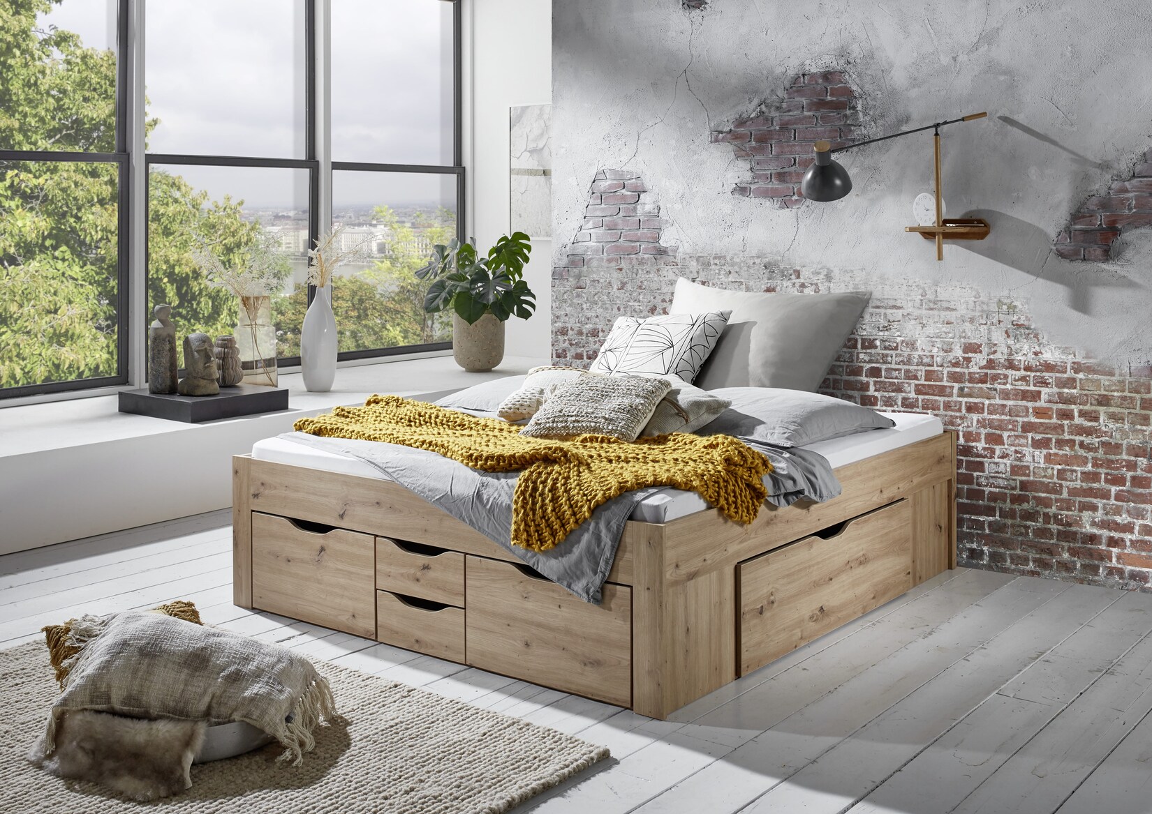 Stauraumbett Noah 180 x 200 cm, mit Rolllattenrost mit 6 Bettschubladen, Ausf. Eiche Artisan Dekor | 04250468575091