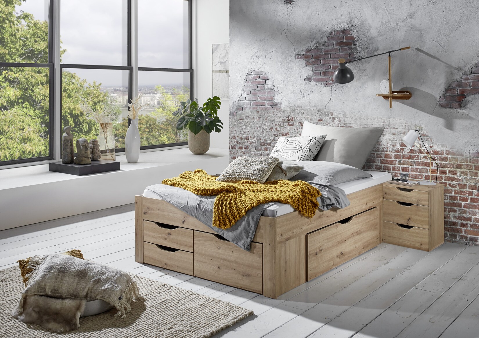 Stauraumbett Noah 140 x 200 cm, mit Rolllattenrost, 5 Bettschubladen und Federkernmatratze, Ausf. Eiche Artisan Dekor | 04250468575121