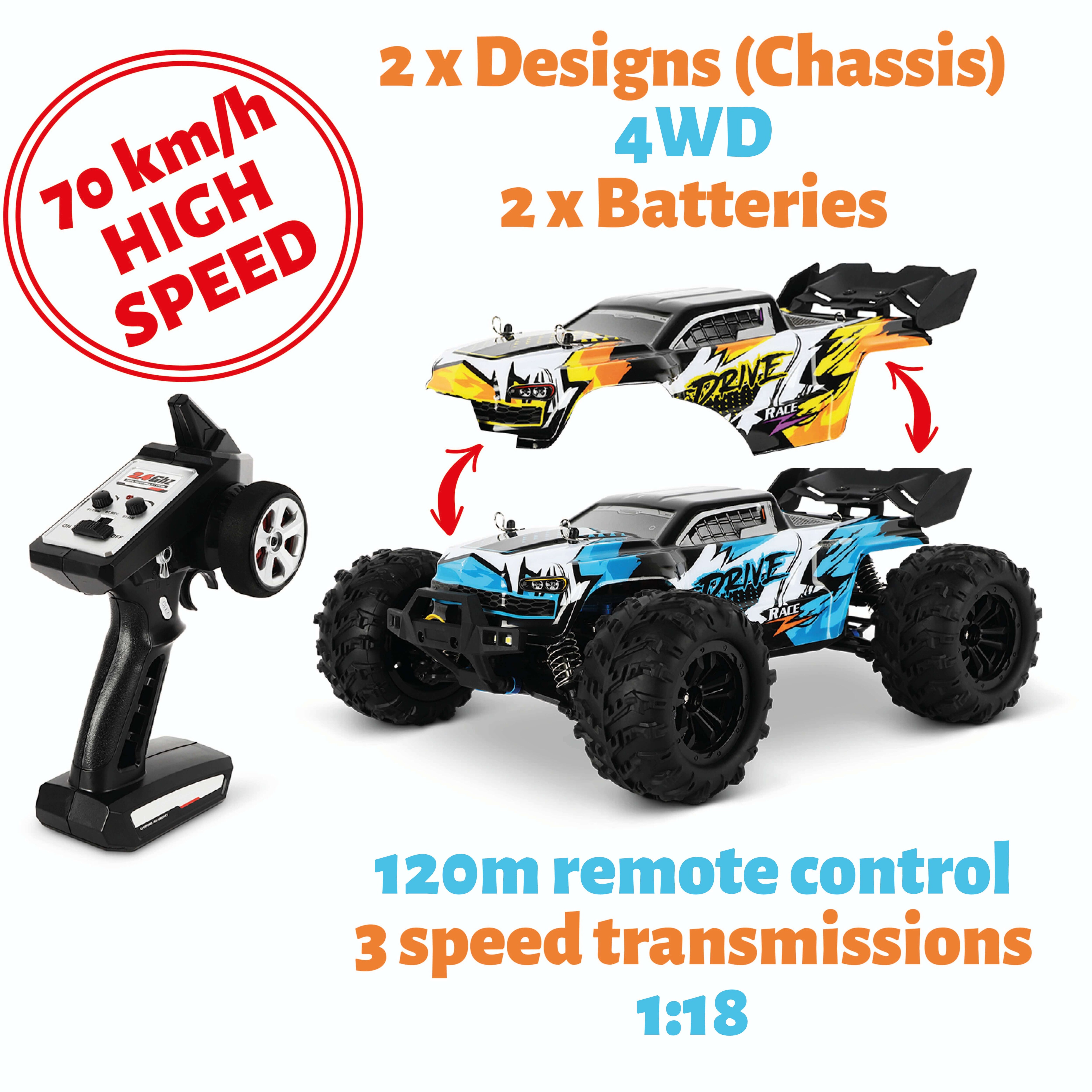 Blij&acute;r DRIVE ferngesteuertes RC Auto 70 km/h, 2 Chassis, 1:16, 2 Akkus, Allrad, 120m - Bild 1