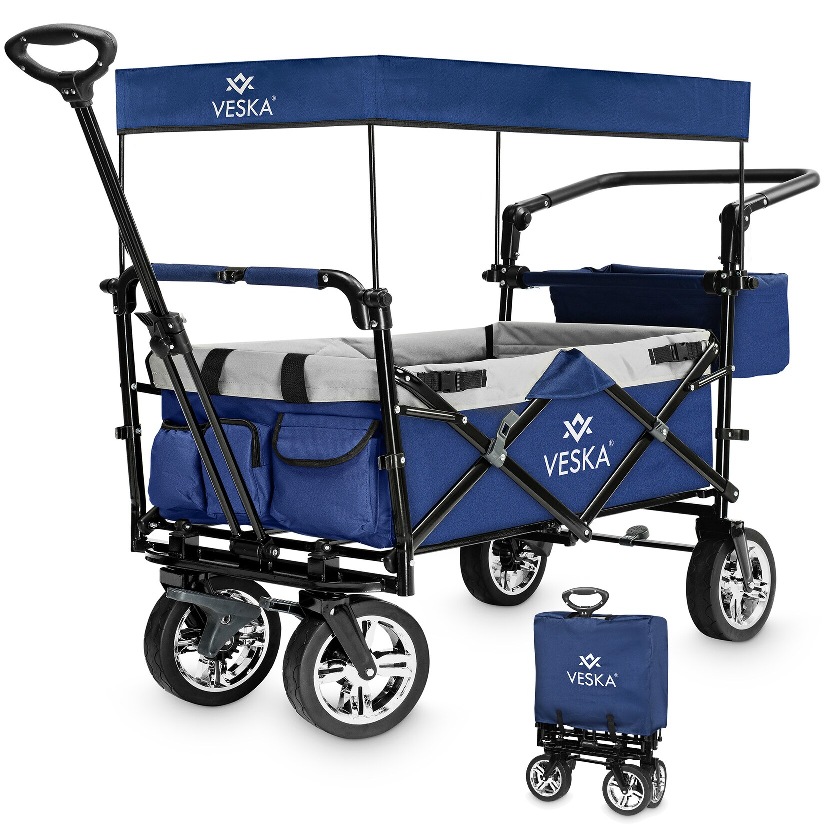 VESKA Bollerwagen faltbar mit Dach Handwagen Transportwagen dunkelblau/grau | 04054748019295
