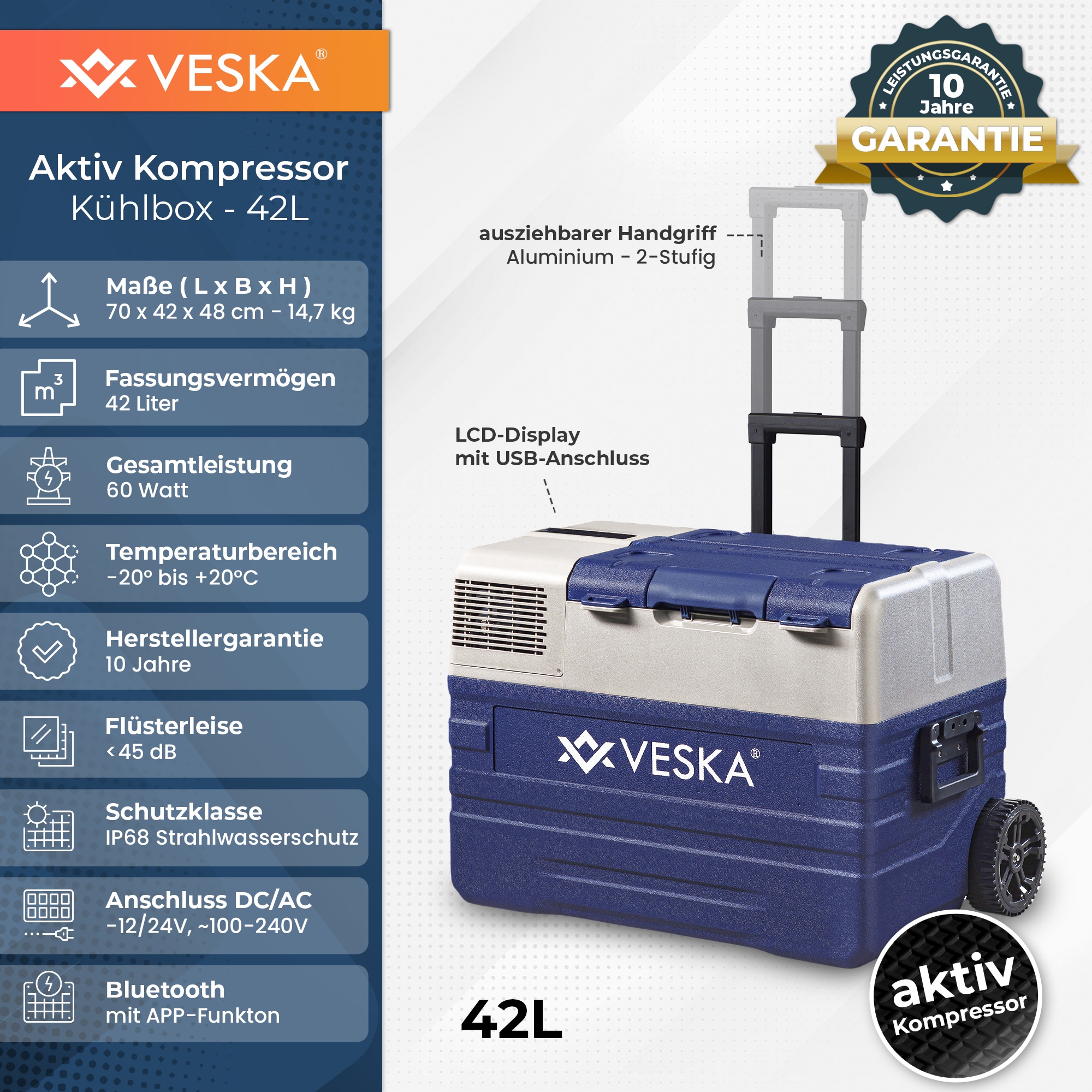 VESKA Kompressor K&uuml;hlbox elektrisch, Gefriertruhe mit APP-Steuerung - 42l blau - Bild 1