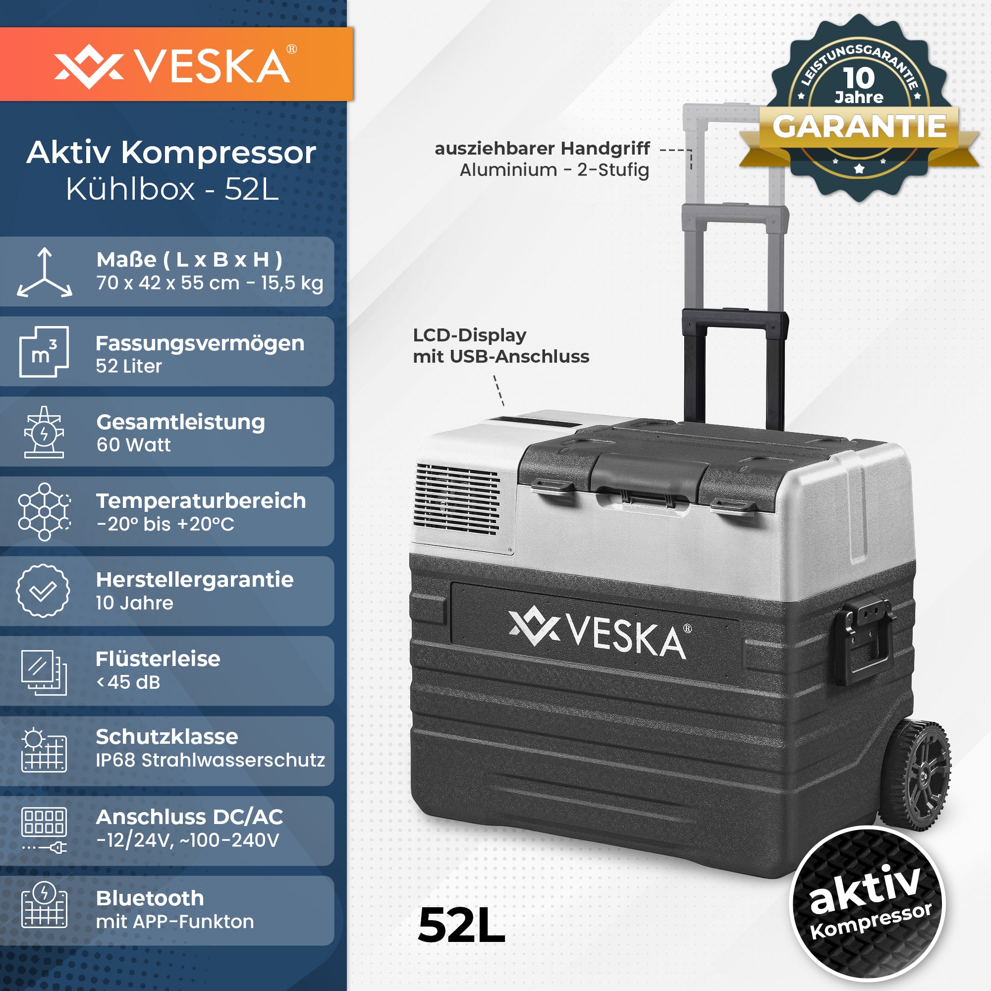 VESKA Kompressor K&uuml;hlbox elektrisch, Gefriertruhe mit APP-Steuerung - 52l anthrazit - Bild 1