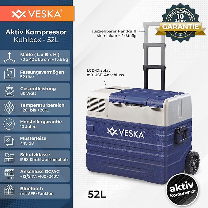 VESKA Kompressor K&uuml;hlbox elektrisch, Gefriertruhe mit APP-Steuerung - 52l blau - Bild 1