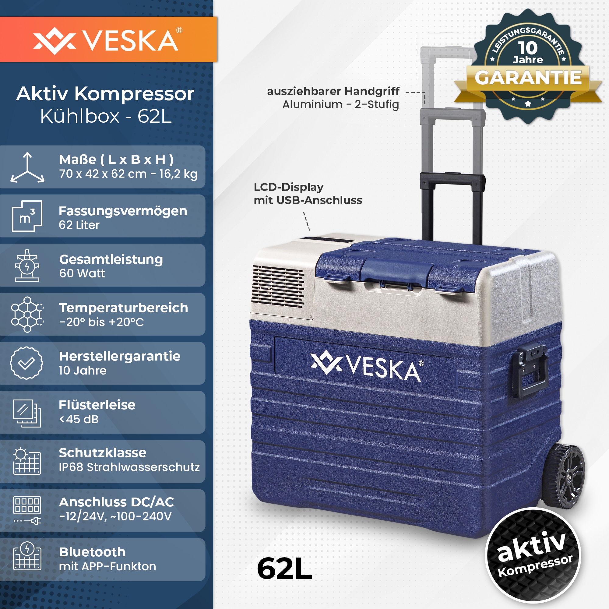VESKA Kompressor Kühlbox elektrisch, Gefriertruhe mit APP-Steuerung – 62l blau | 04054748018977