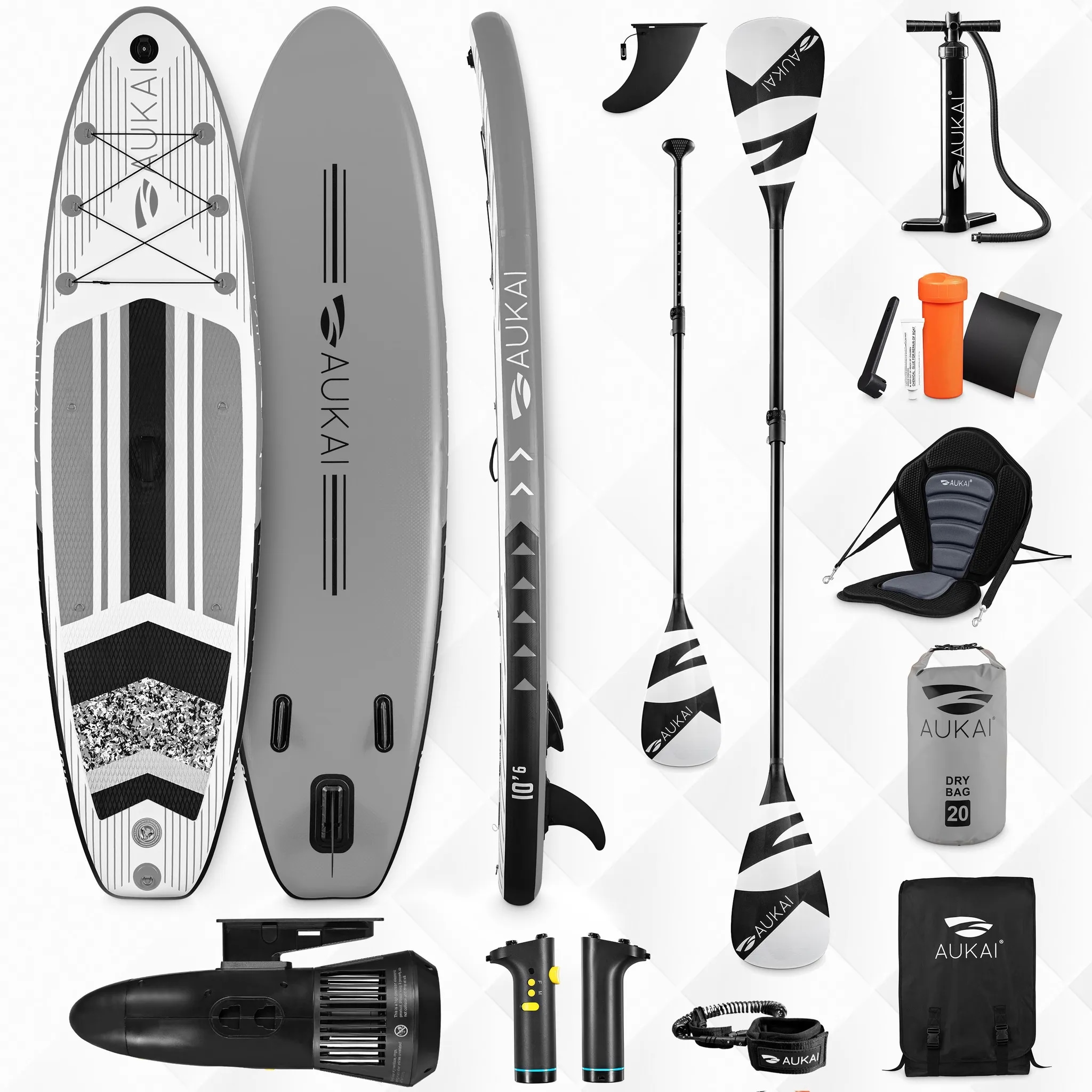Stand Up Paddle Board "AUKAI Pro" mit Kajak-Sitz und Motor grau - Bild 1