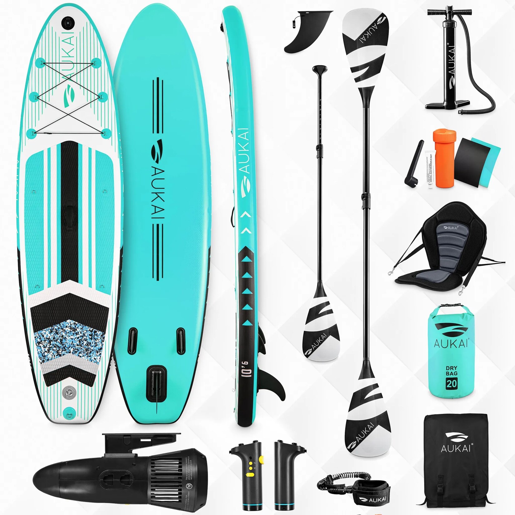 Stand Up Paddle Board „AUKAI Pro“ mit Kajak-Sitz und Motor türkis | 04054748045645