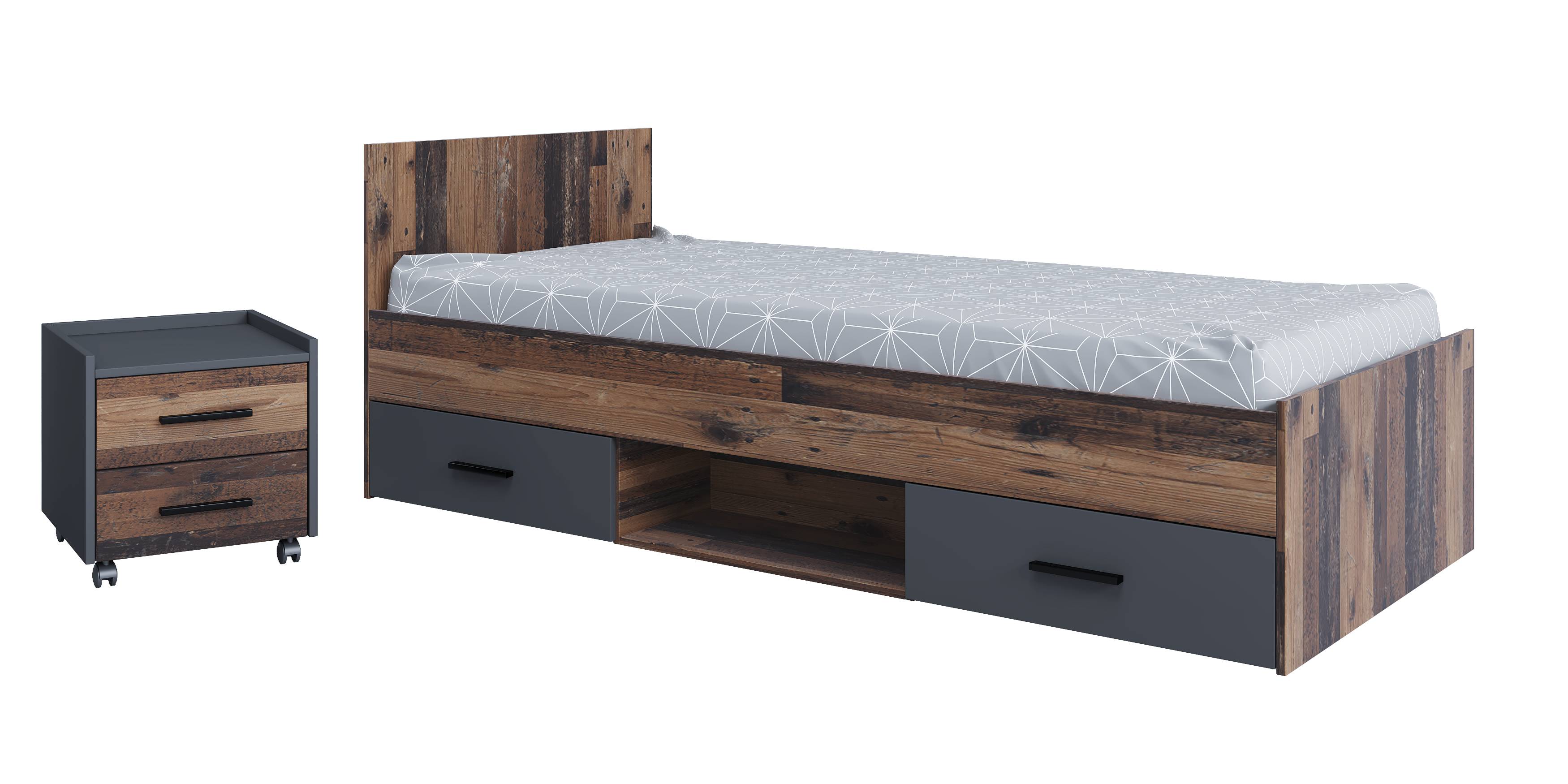 AI-SEN nonjoo-Teen Artikel Set 1 best. aus: Einzelbett 90 x 200 cm mit Bettschubalden Set (2 Schubladen) auf Rollen, mittig offenem Fach, Nachtkonsole mit 2 Schubladen - Bild 1