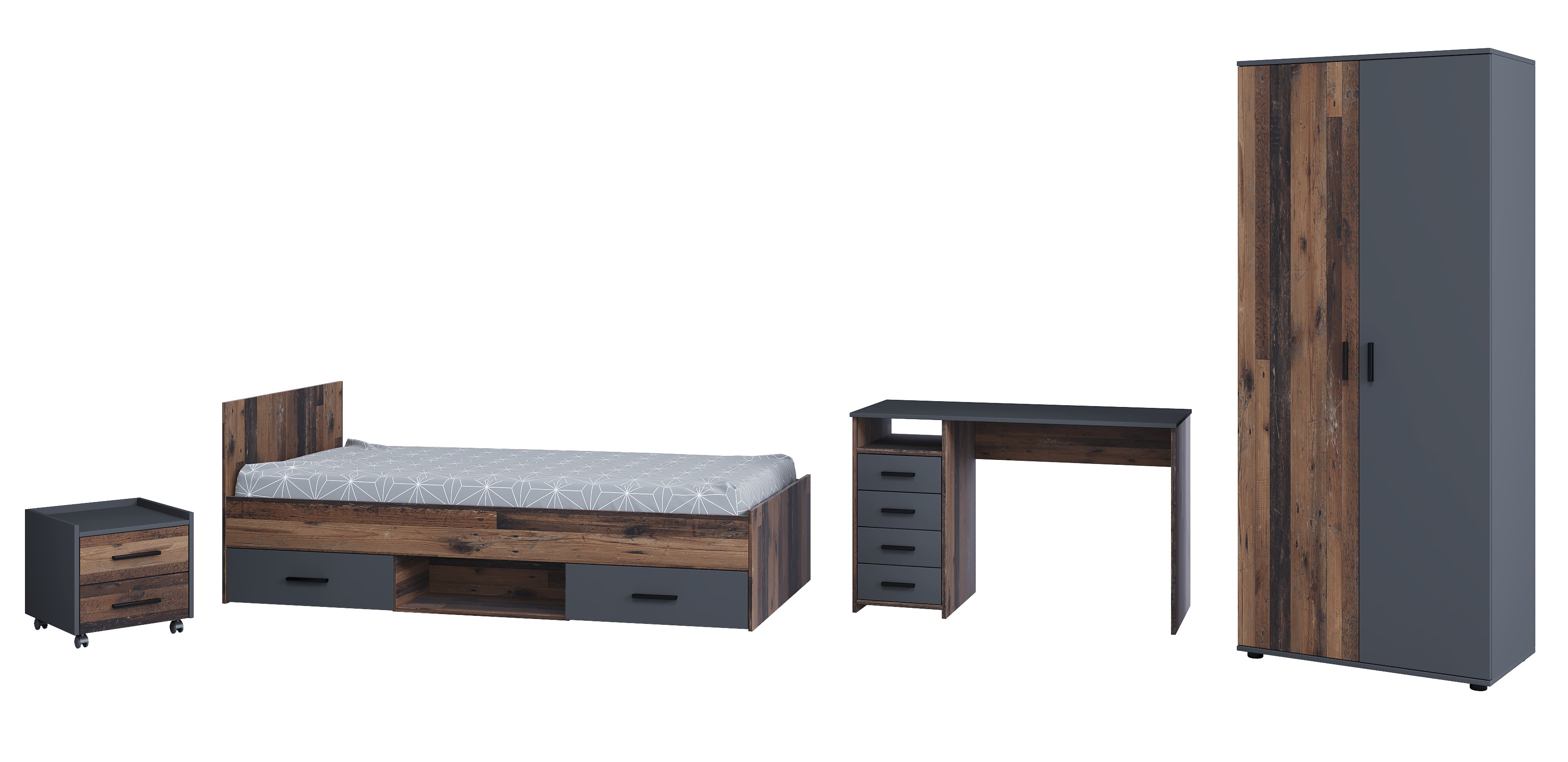 AI-SEN nonjoo-Teen Artikel Set 4 best. aus: Einzelbett 90 x 200 cm mit Bettschubalden Set (2 Schubladen) auf Rollen, Nachtkonsole mit 2 Schubladen, Kleiderschrank 2-trg., Schreibtisch mit 4 Schubladen - Bild 1