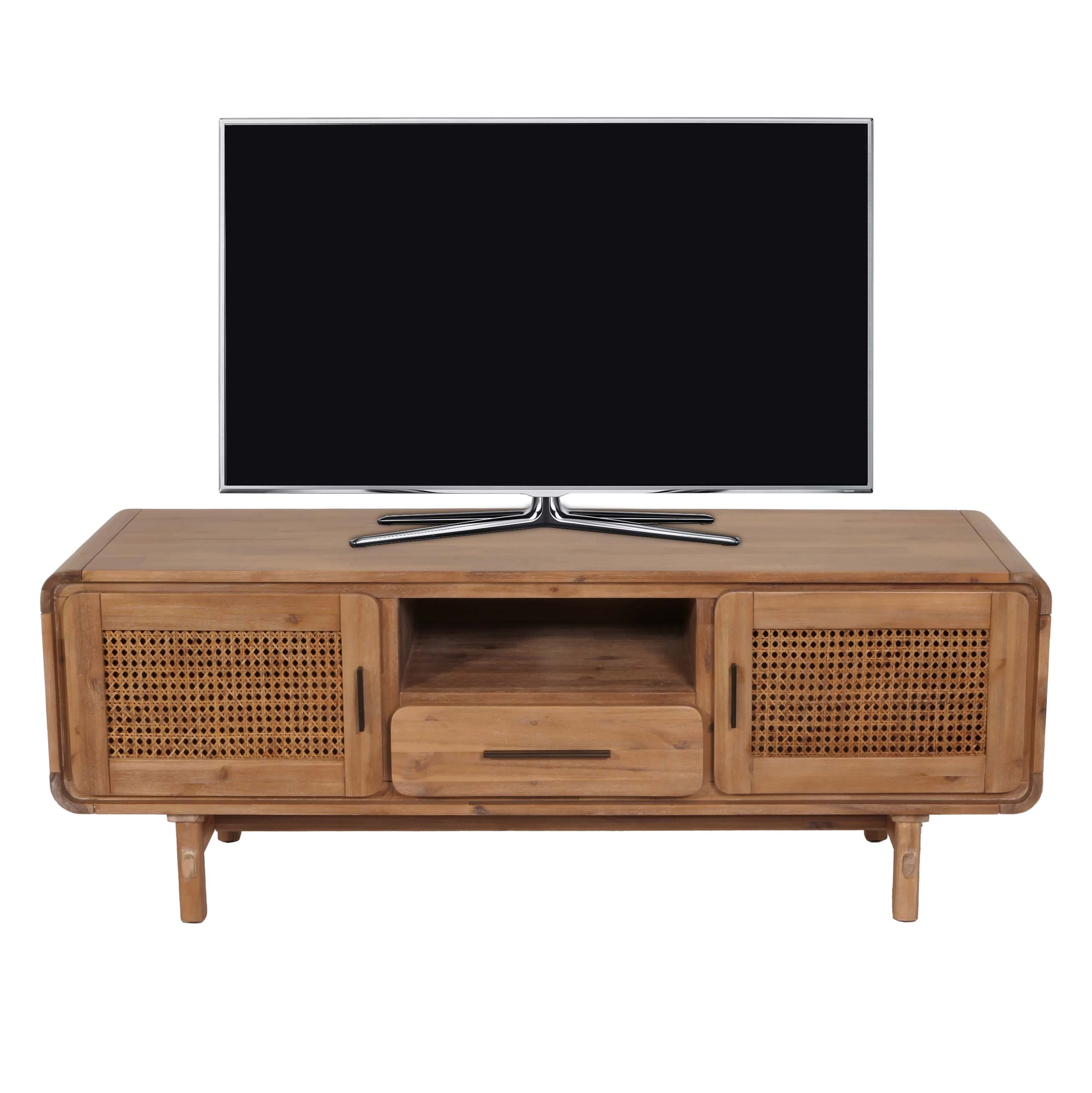 TV-Rack MCW-M47, Fernsehtisch Lowboard Kommode, Stauf&auml;cher Schublade, Rattan Akazie Massiv-Holz gebeizt 160cm 32kg - Bild 1
