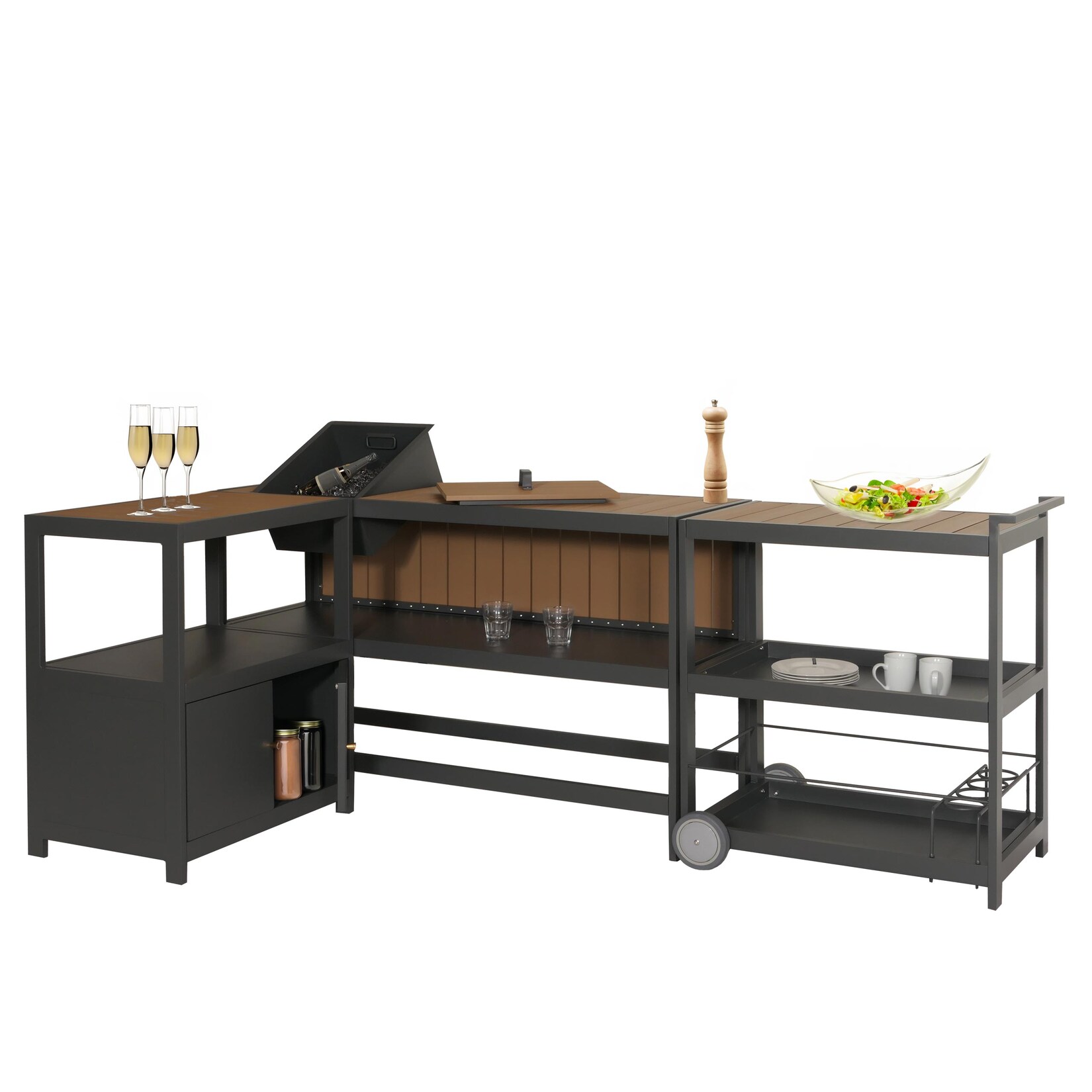 Aluminium Outdoor-Küche 3-teilig MCW-M64, Außenküche Garten Servierwagen Eiskübel Schrank ~ anthrazit, helle Holzoptik | 04057651638188