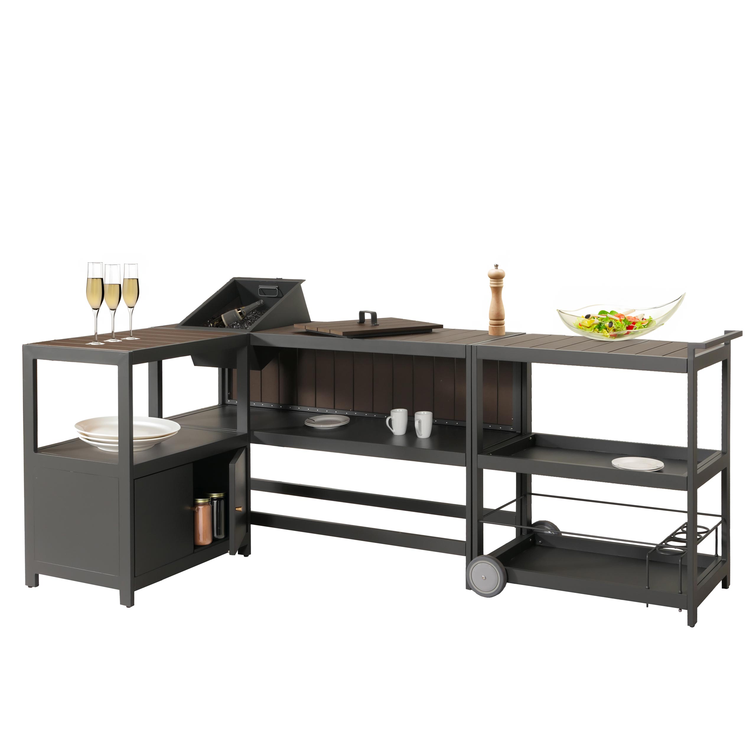 Aluminium Outdoor-K&uuml;che 3-teilig MCW-M64, Au&szlig;enk&uuml;che Garten Servierwagen Eisk&uuml;bel Schrank ~ anthrazit, dunkle Holzoptik - Bild 1