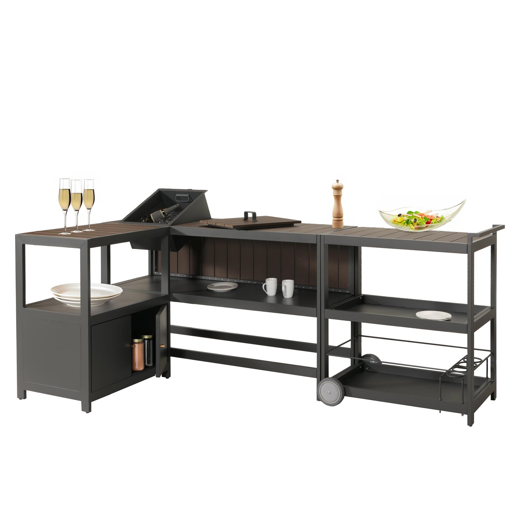 Aluminium Outdoor-Küche 3-teilig MCW-M64, Außenküche Garten Servierwagen Eiskübel Schrank ~ anthrazit, dunkle Holzoptik