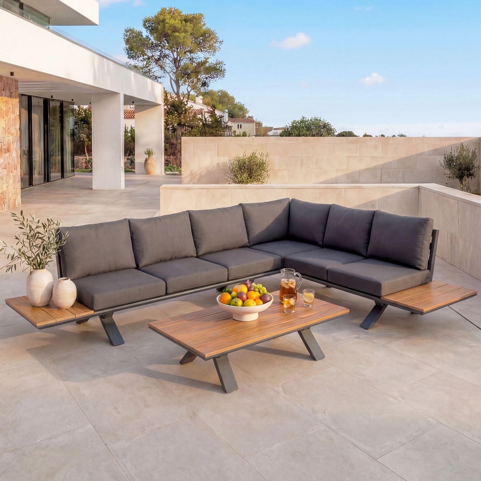 Aluminium Garten-Garnitur MCW-M62, Sitzgruppe Garten-/Lounge-Set Sofa, Holzoptik ~ Gestell anthrazit, Polster dunkelgrau