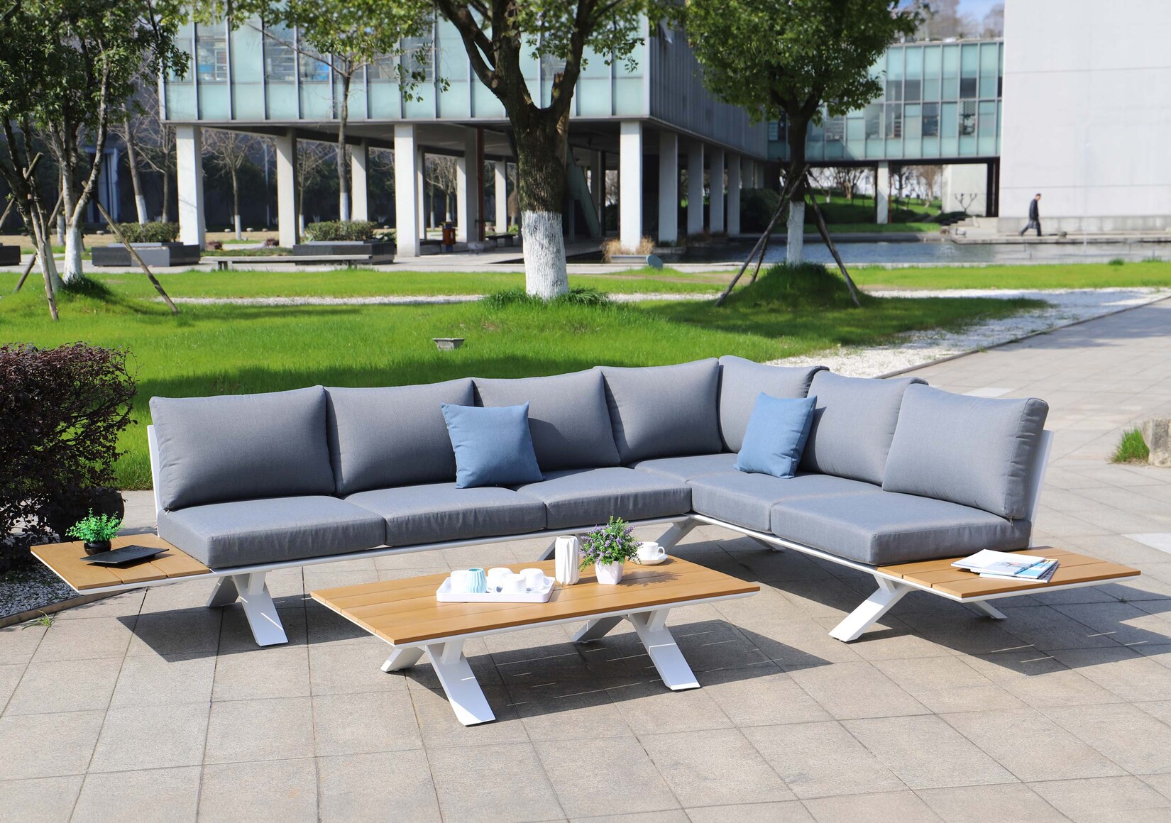 Aluminium Garten-Garnitur MCW-M62, Sitzgruppe Garten-/Lounge-Set Sofa, Holzoptik ~ Gestell weiß, Polster hellgrau | 04057651639628