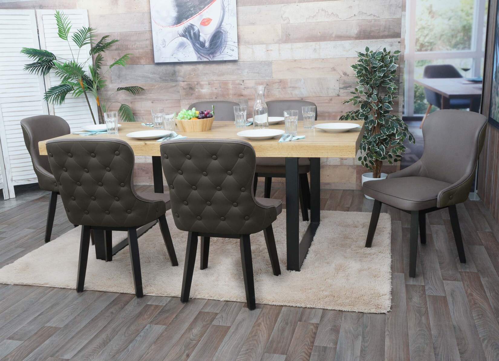 6er-Set Esszimmerstuhl MCW-M60, Polsterstuhl Küchenstuhl Lehnstuhl Stuhl, Stoff/Textil Massiv-Holz ~ dunkelgrün-grau
