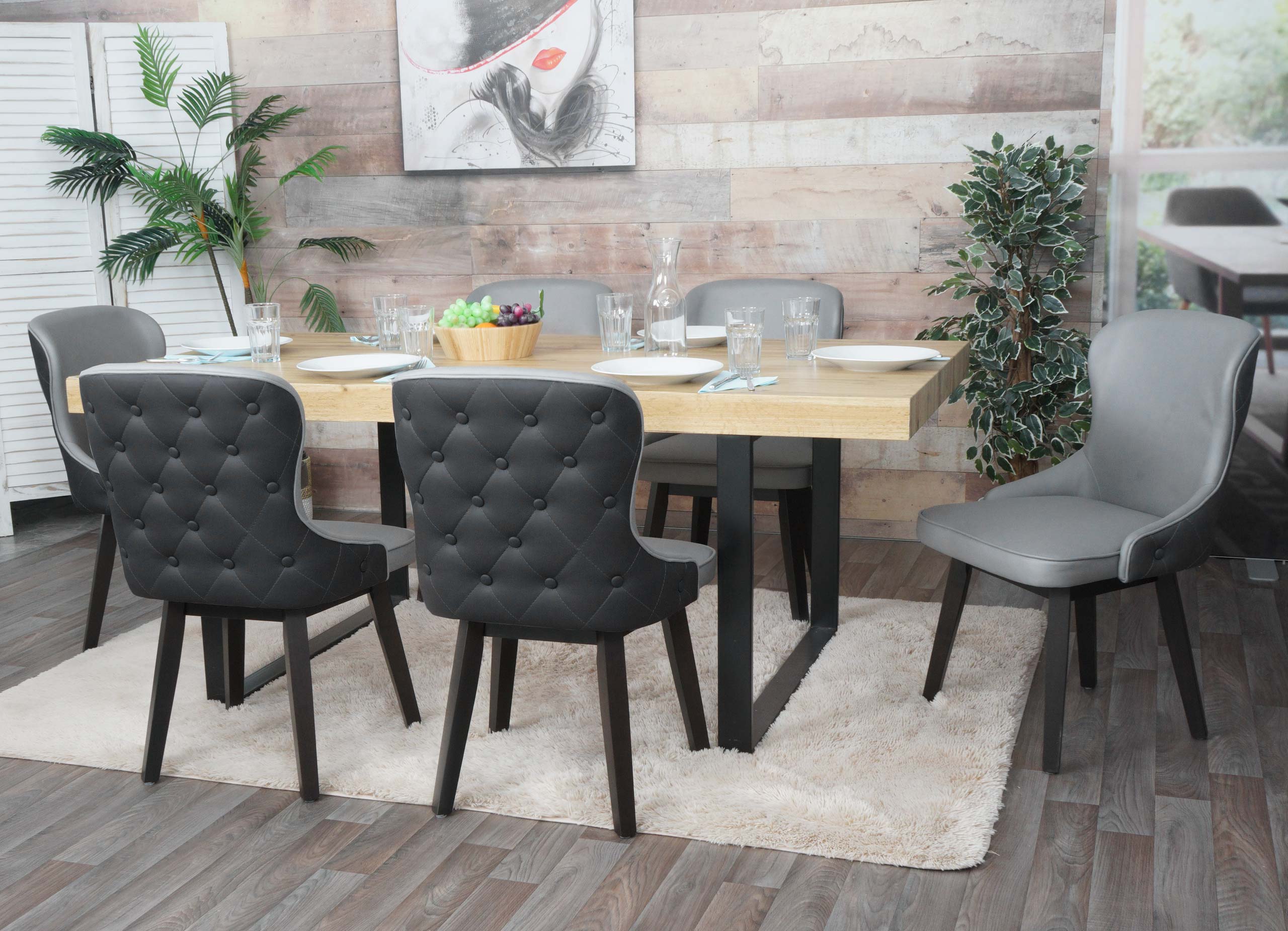 6er-Set Esszimmerstuhl MCW-M60, Polsterstuhl K&uuml;chenstuhl Lehnstuhl Stuhl, Stoff/Textil Massiv-Holz ~ dunkelgrau-hellgrau - Bild 1