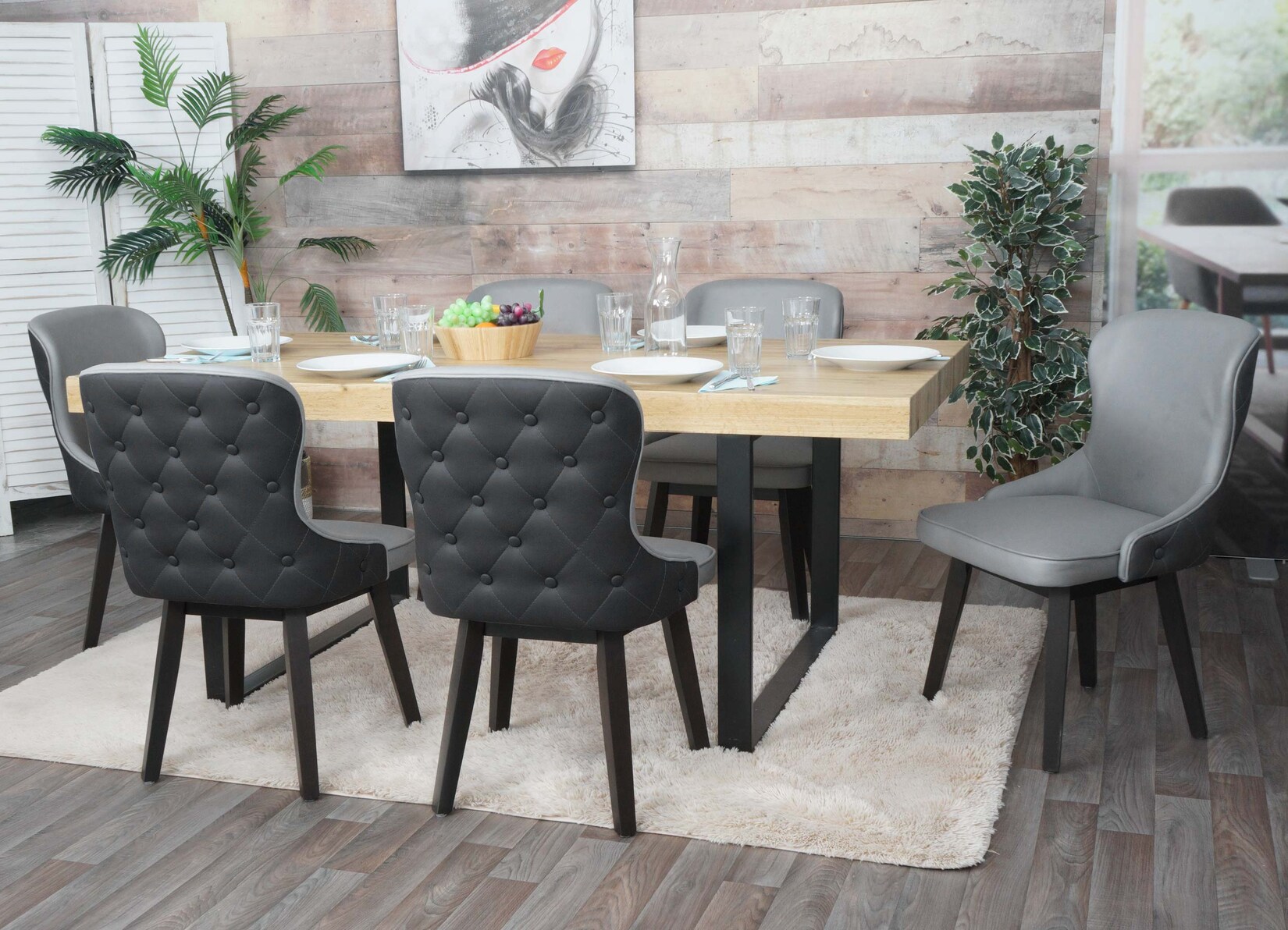 6er-Set Esszimmerstuhl MCW-M60, Polsterstuhl Küchenstuhl Lehnstuhl Stuhl, Stoff/Textil Massiv-Holz ~ dunkelgrau-hellgrau