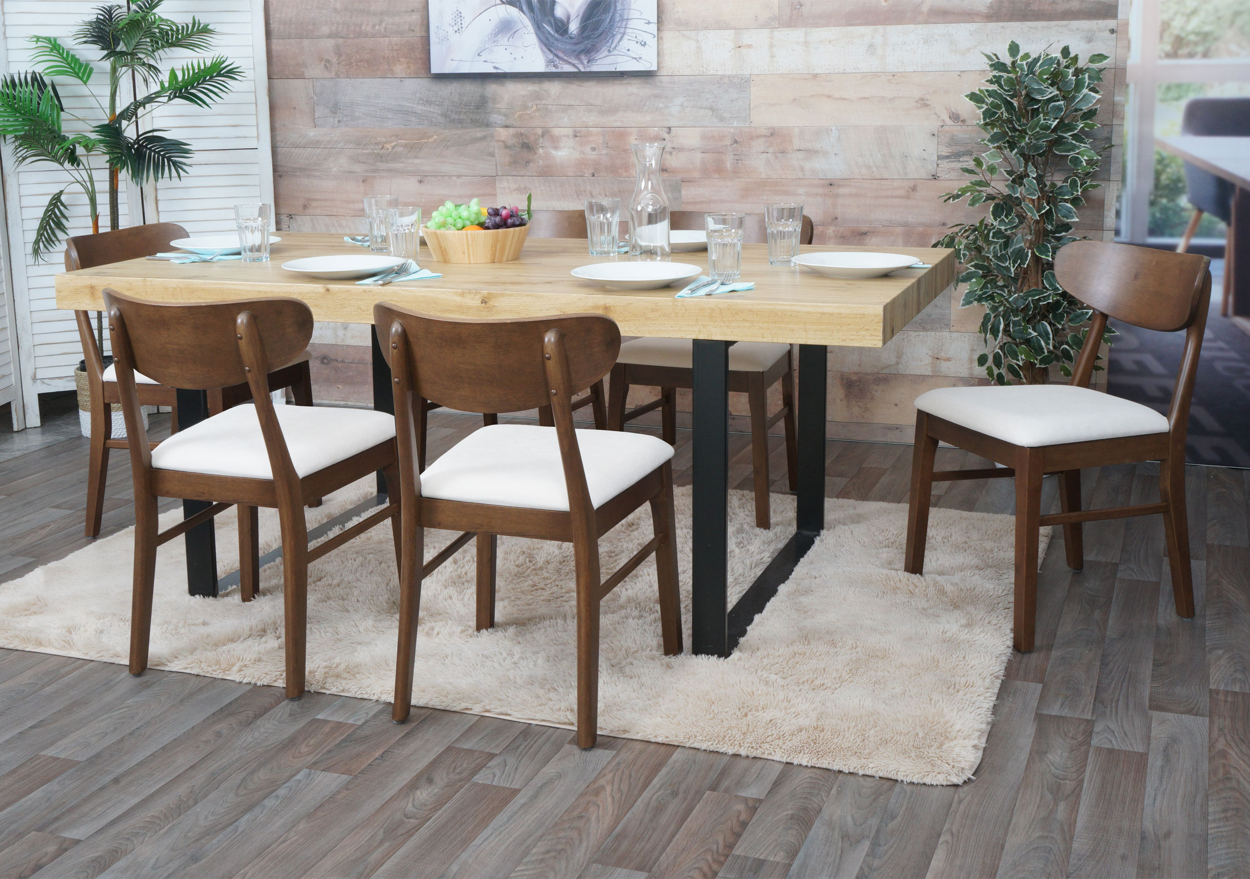 6er-Set Esszimmerstuhl MCW-M59, K&uuml;chenstuhl Stuhl, Stoff/Textil Massiv-Holz ~ dunkles Gestell, creme - Bild 1