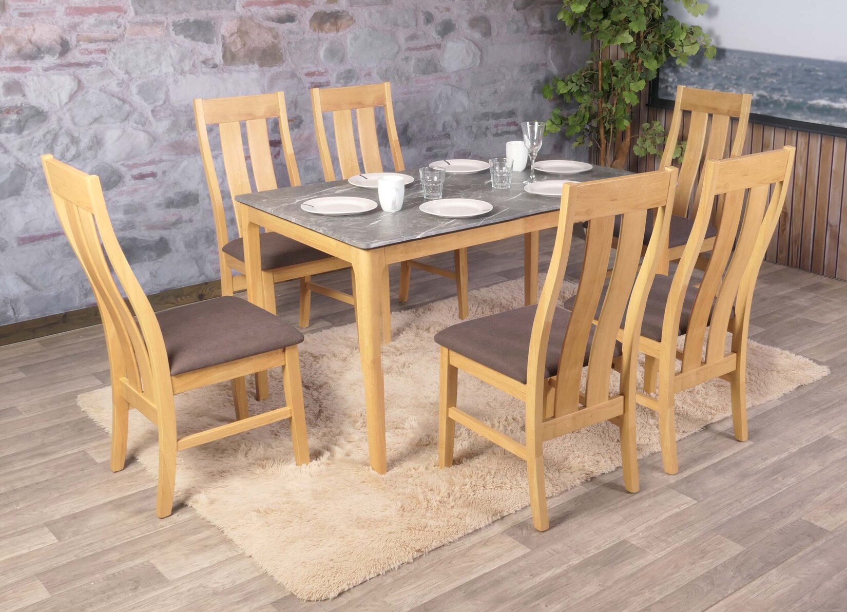 6er-Set Esszimmerstuhl MCW-M58, Küchenstuhl Lehnstuhl Stuhl, Stoff/Textil Massiv-Holz ~ helles Gestell, taupe
