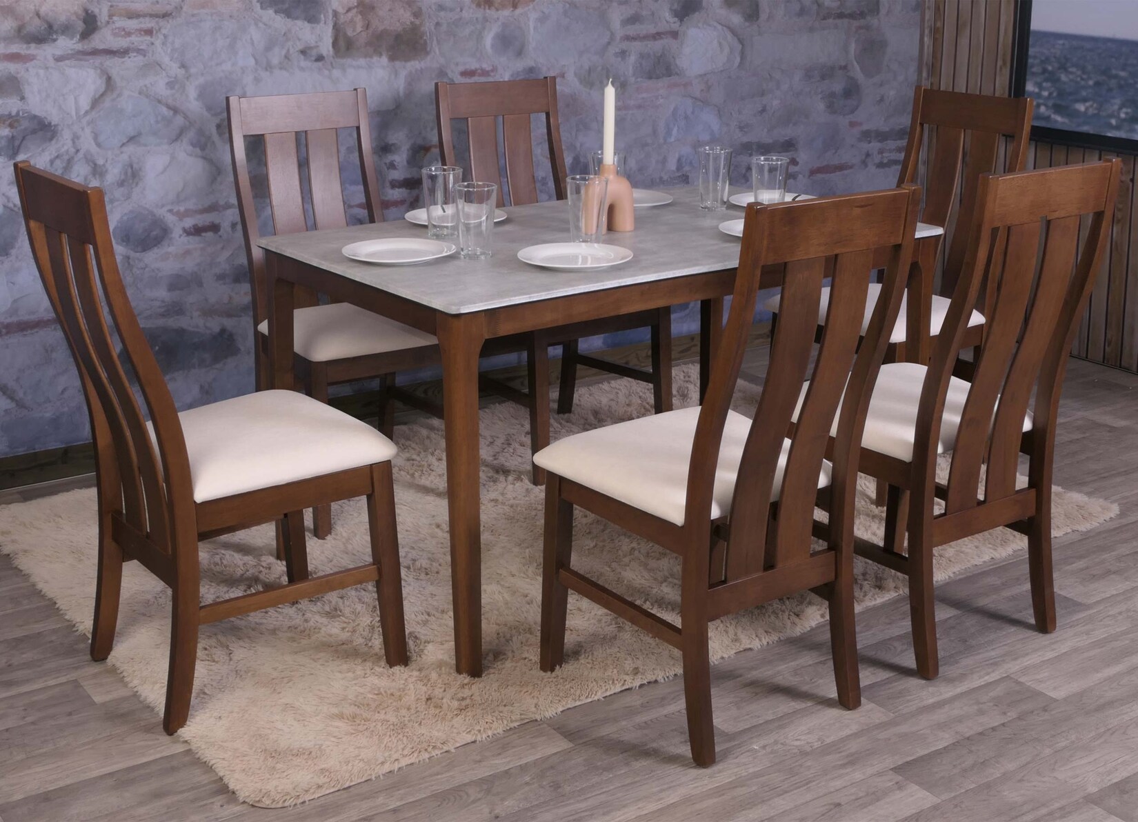 6er-Set Esszimmerstuhl MCW-M58, Küchenstuhl Lehnstuhl Stuhl, Stoff/Textil Massiv-Holz ~ dunkles Gestell, creme