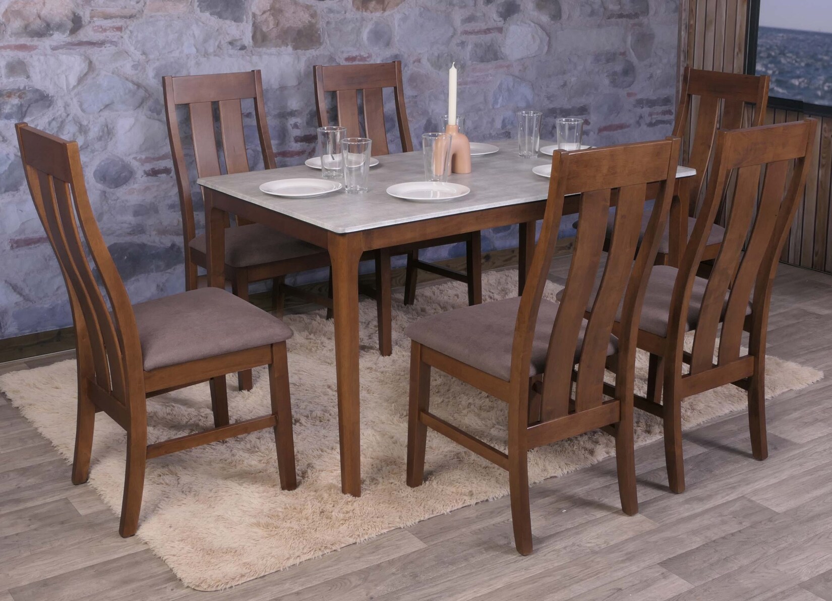 6er-Set Esszimmerstuhl MCW-M58, Küchenstuhl Lehnstuhl Stuhl, Stoff/Textil Massiv-Holz ~ dunkles Gestell, taupe