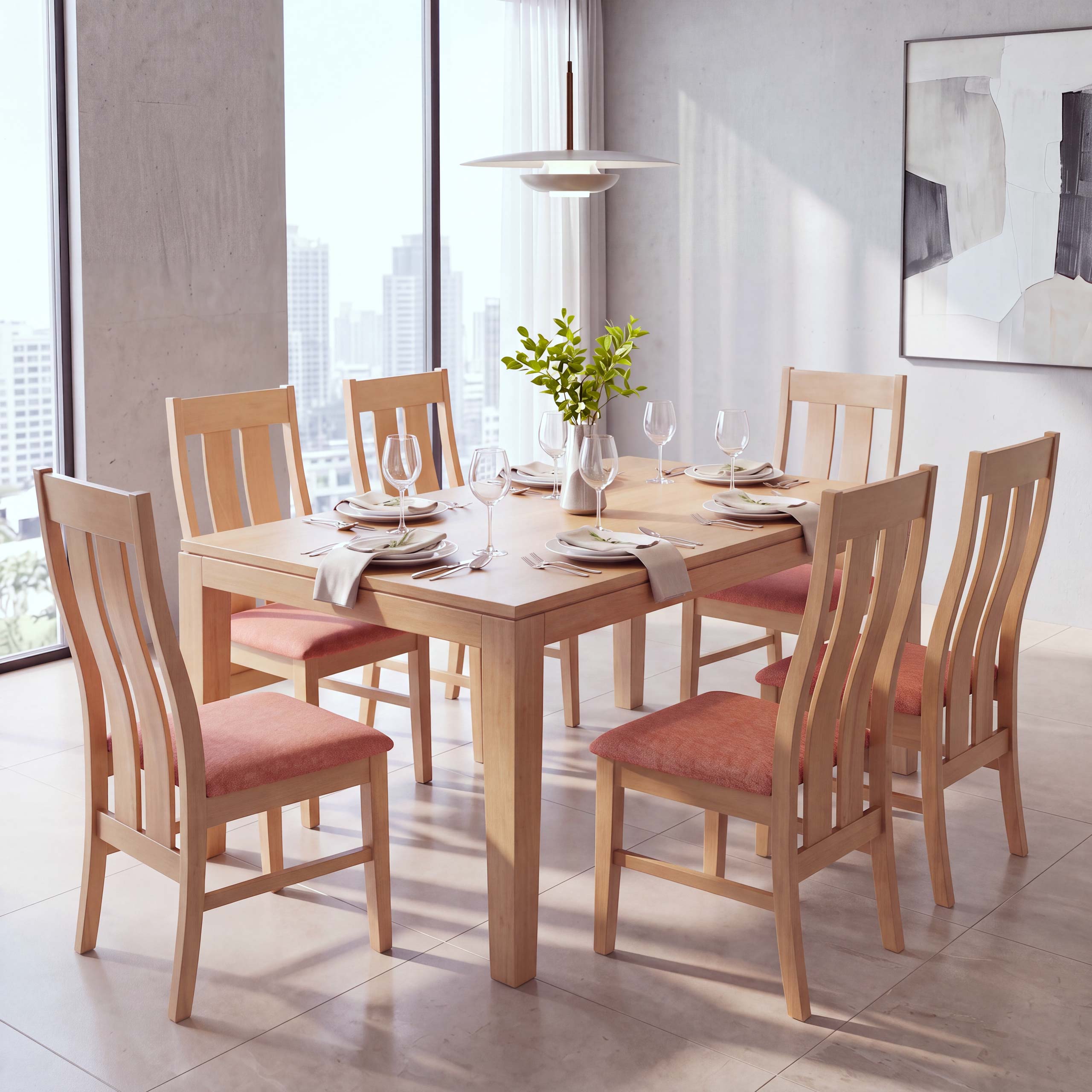 6er-Set Esszimmerstuhl MCW-M58, K&uuml;chenstuhl Lehnstuhl Stuhl, Stoff/Textil Massiv-Holz ~ helles Gestell, terrakotta - Bild 1