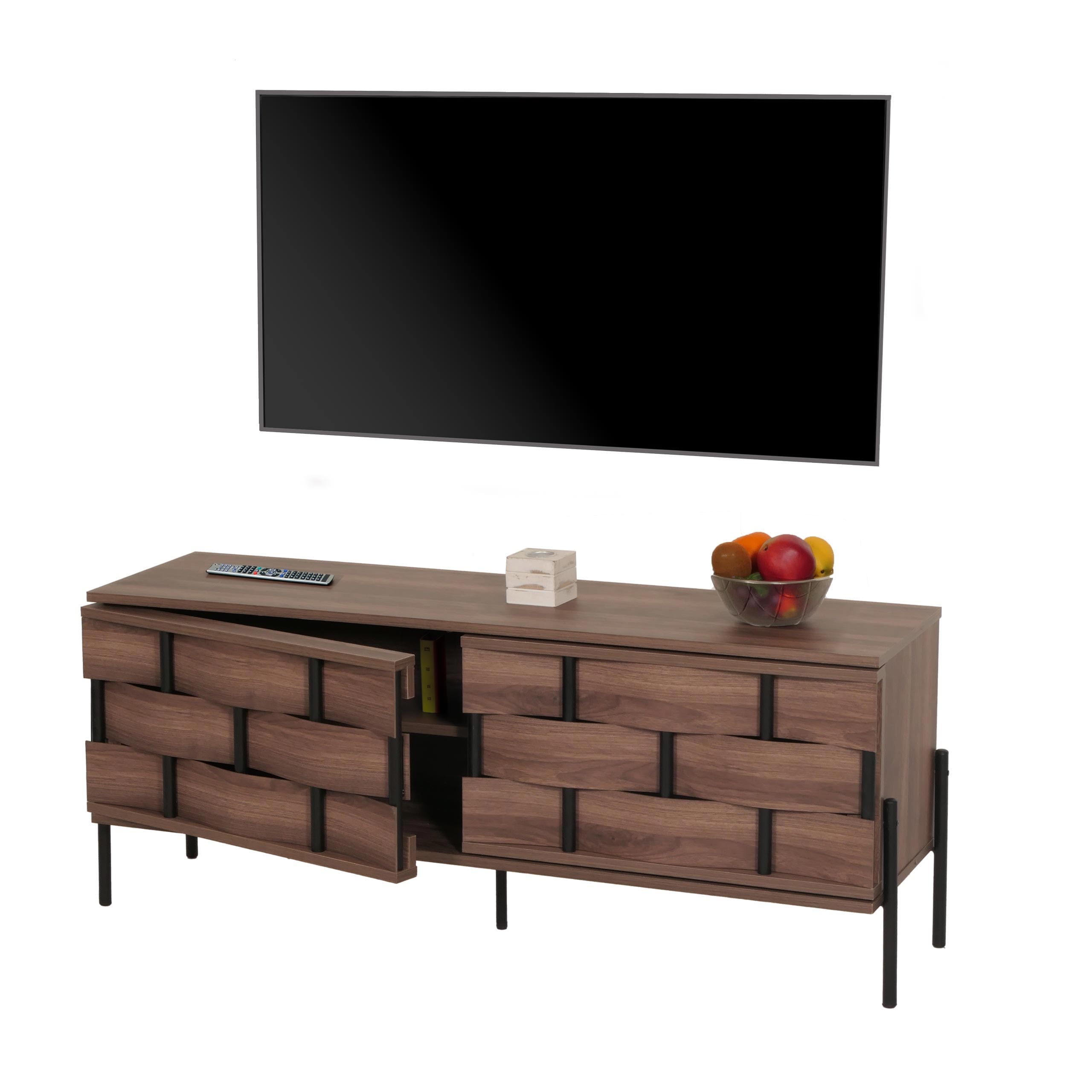 TV-Rack MCW-M44, Fernsehtisch Lowboard TV-Schrank Kommode, Stauf&auml;cher, 3D-Flecht-Design Push-to-open T&uuml;ren 120cm, braun - Bild 1