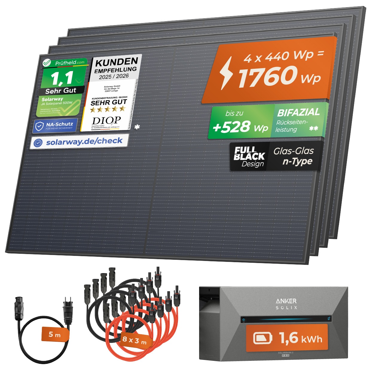 Solarway All In One 1760W Balkonkraftwerk komplett Solarpaket mit 1,6 kWh Anker Solix 2 PRO Speicher, Plug&Play - Bild 1