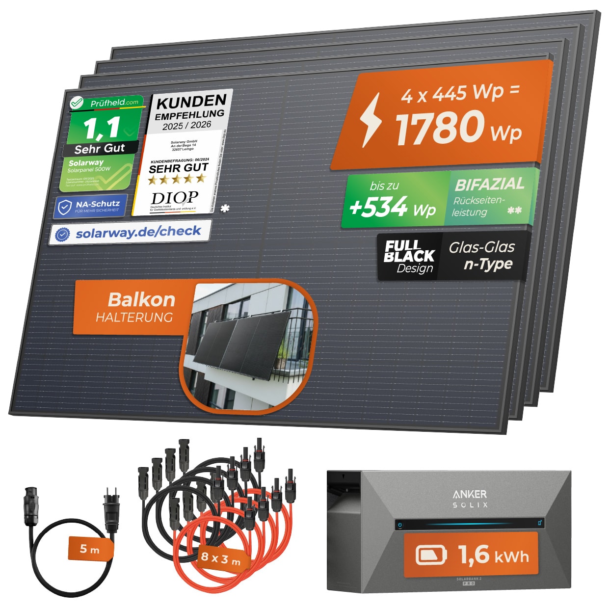 1780W + Anker 2 PRO Solarway&reg; All In One Balkonkraftwerk mit Speicher 1780W komplett Steckdose - 1,6 kWh Anker Solix 2 PRO Speicher - Solaranlage Komplettset - 445W bifaziale Solarmodule & Anker Speicher & Zubeh&ouml;r - Bild 1