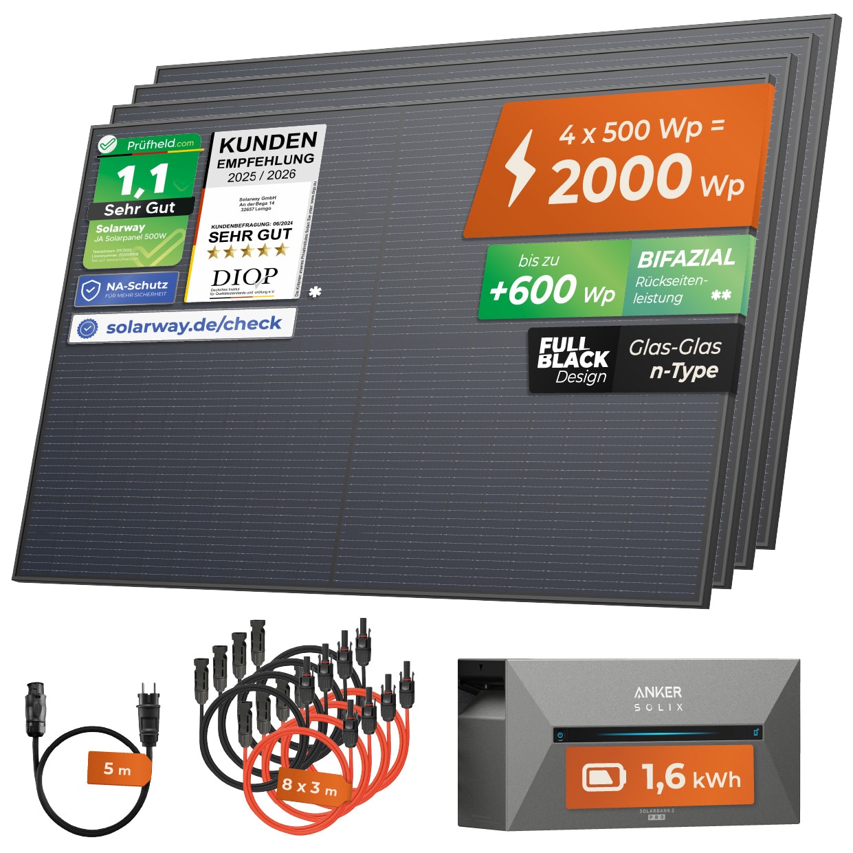 Solarway&reg; All In One Balkonkraftwerk mit Speicher 2000W komplett Steckdose - 1,6 kWh Anker Solix 2 PRO Speicher - Solaranlage Komplettset - 500W bifaziale Solarmodule & Anker Speicher & Zubeh&ouml;r - Bild 1