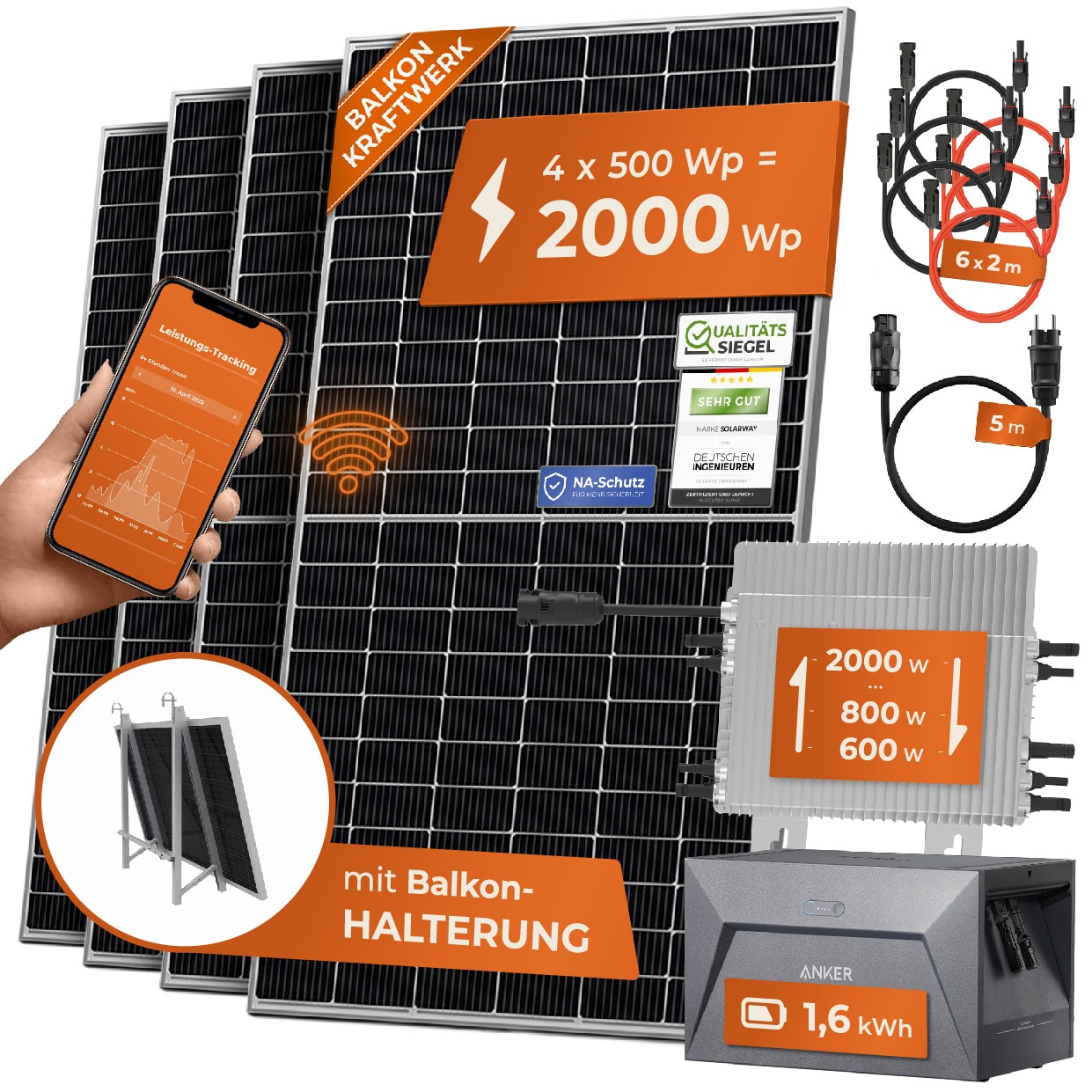 Solarway Balkonkraftwerk 2000W Solaranlage + 1,6kWh Speicher steckerfertig WIFI Komplettset Photovoltaik Anlage 600-2000