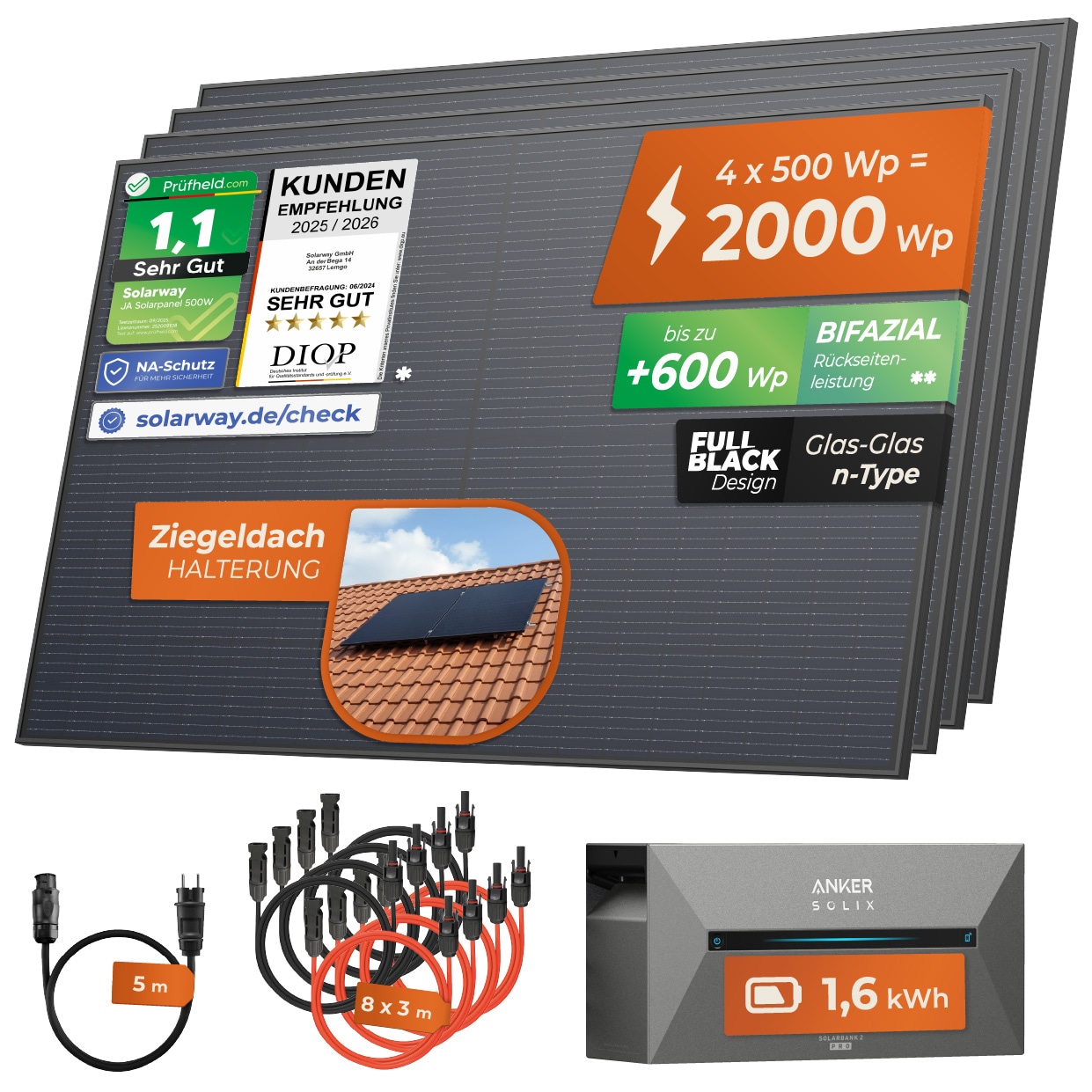 Solarway&reg; All In One Balkonkraftwerk mit Speicher 2000W komplett Steckdose - 1,6 kWh Anker Solix 2 PRO Speicher - Solaranlage Komplettset - 500W bifaziale Solarmodule & Anker Speicher & Zubeh&ouml;r - Bild 1