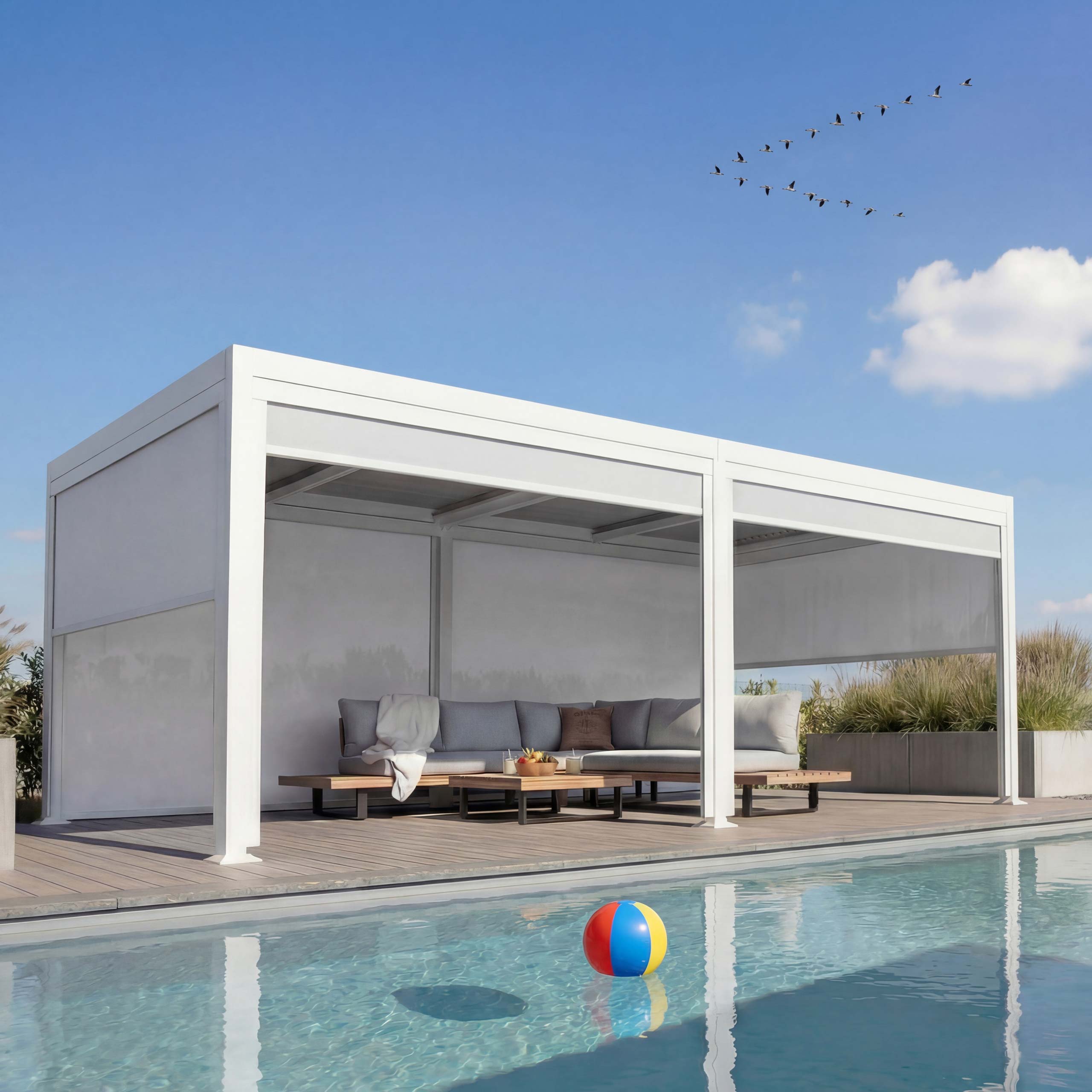 Alu Pergola MCW-L41 mit 6x Seitenwand, Lamellen-Pavillon, stabiles 8cm-Metall-Gestell 3x6m ~ wei&szlig; - Bild 1