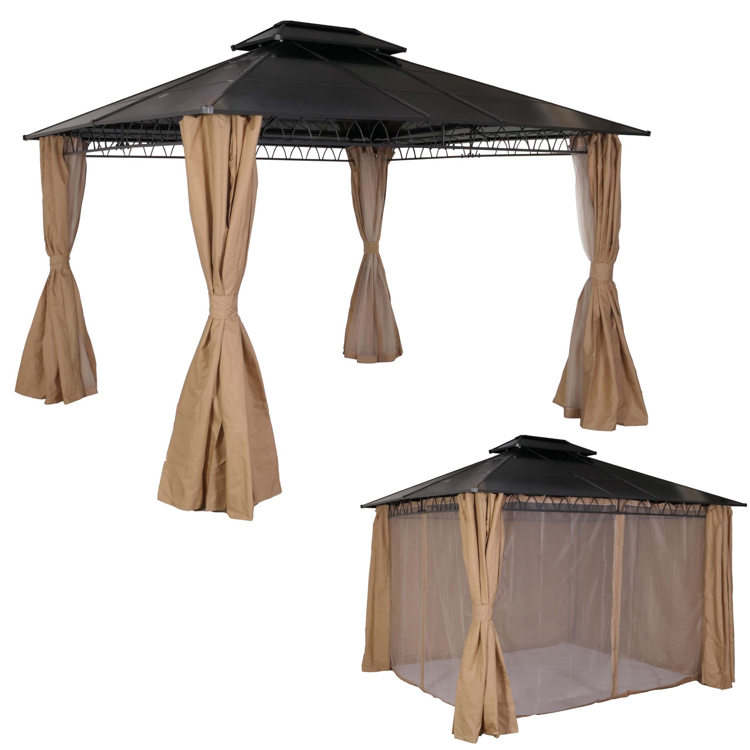 Hardtop Pergola MCW-M81, Pavillon, Aluminium Dachstreben 7cm-Stahlgestell mit Seitenwand und Moskitonetz 3,6x3m ~ creme - Bild 1