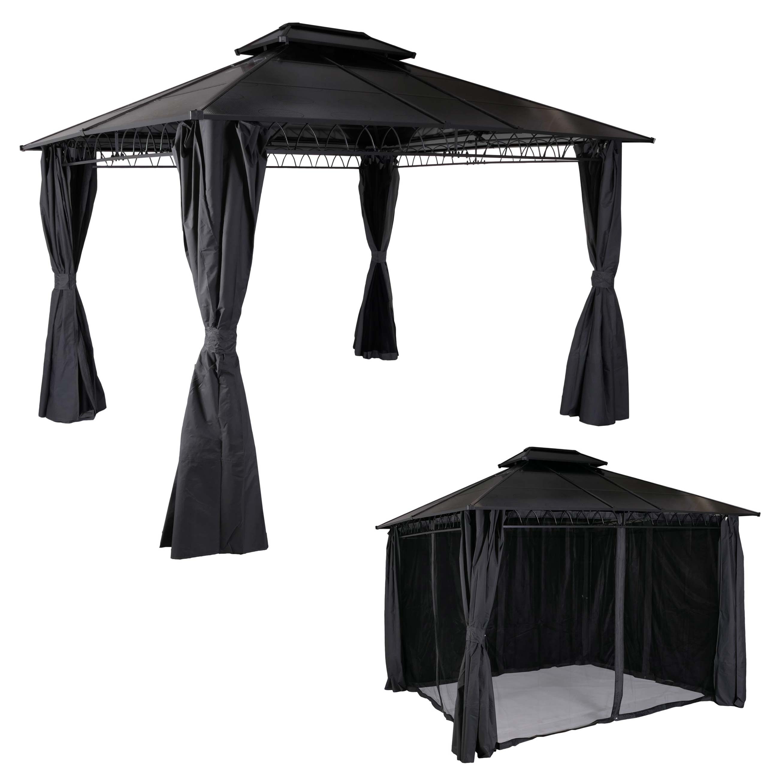 Hardtop Pergola MCW-M81, Pavillon, Aluminium Dachstreben 7cm-Stahlgestell mit Seitenwand und Moskitonetz 3,6x3m ~ grau - Bild 1