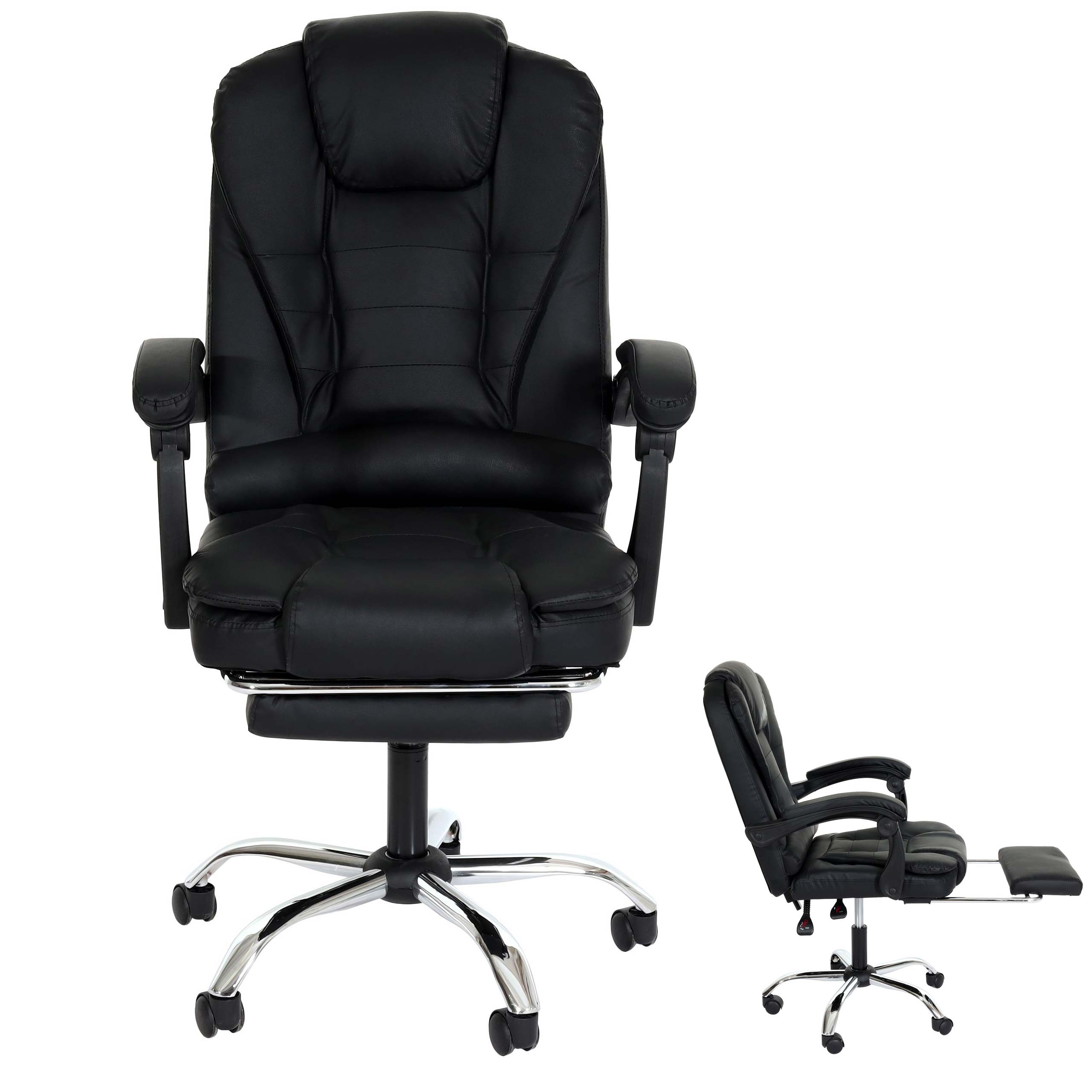 B&uuml;rostuhl MCW-M80, Schreibtischstuhl Drehstuhl Chefsessel, ausziehbare Fu&szlig;st&uuml;tze Kunstleder silbernes Fu&szlig;kreuz ~ schwarz - Bild 1