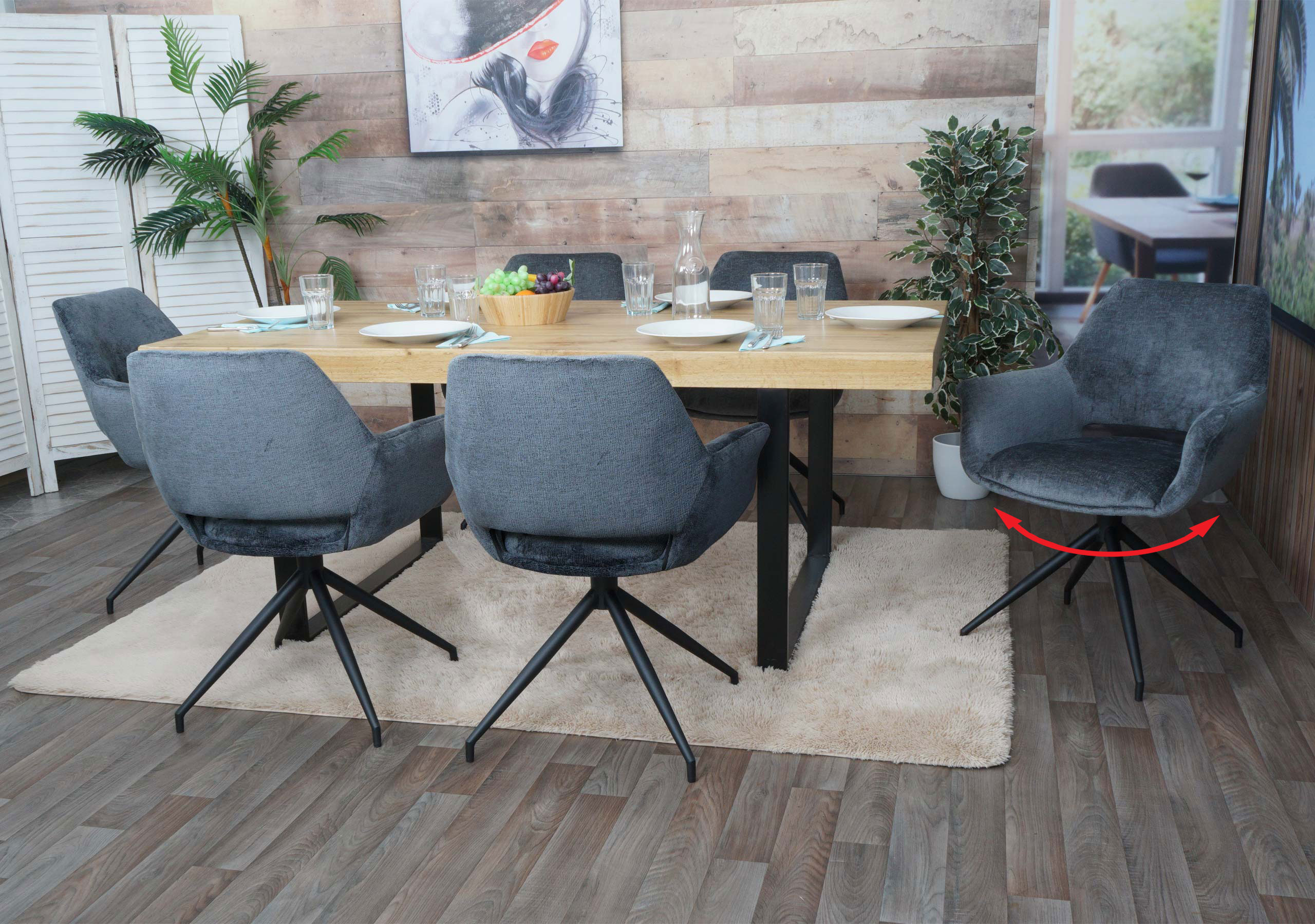 6er-Set Esszimmerstuhl MCW-M53, K&uuml;chenstuhl Stuhl mit Armlehne, drehbar Auto-Position, Metall Stoff MVG ~ dunkelgrau - Bild 1