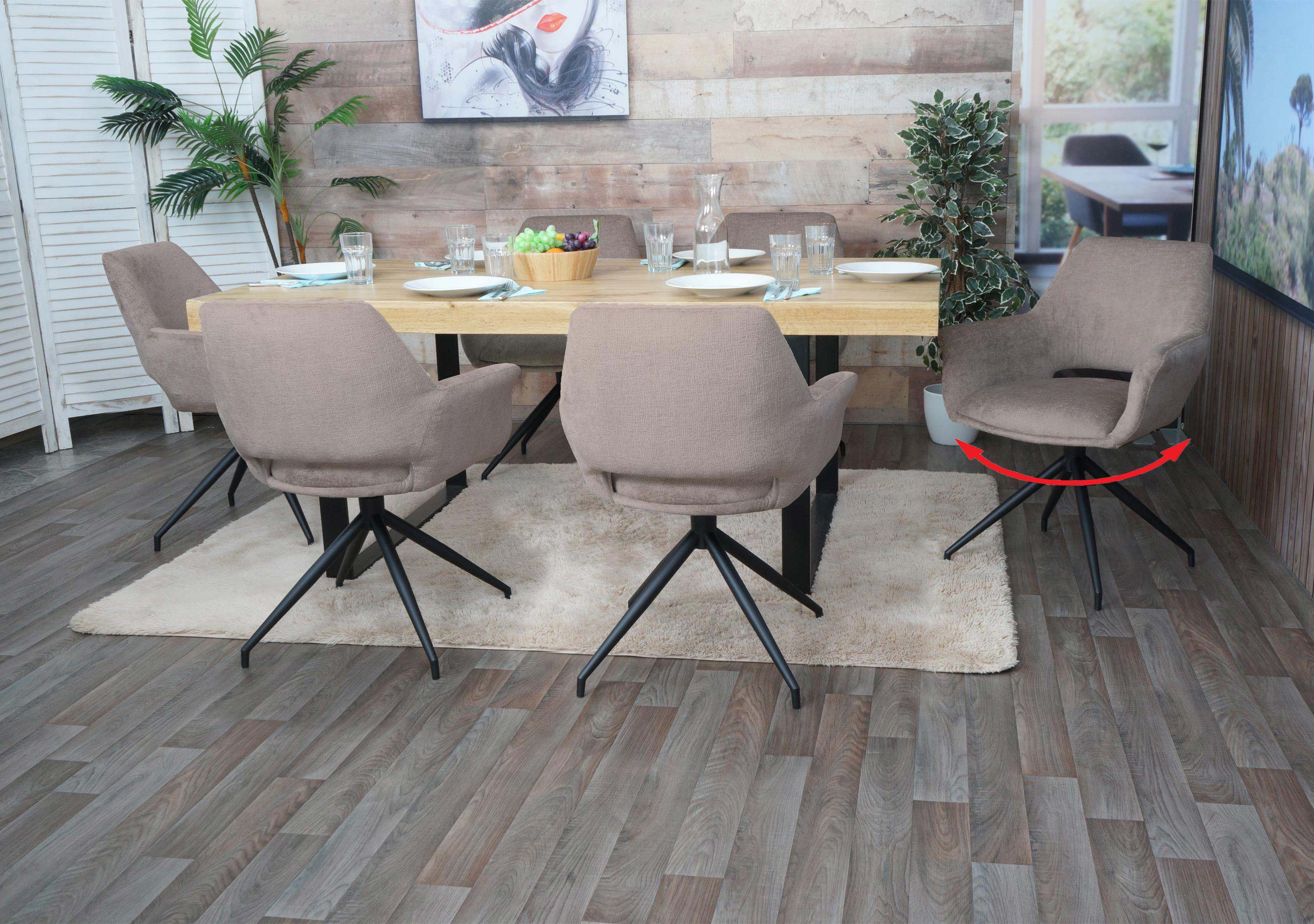 6er-Set Esszimmerstuhl MCW-M53, K&uuml;chenstuhl Stuhl mit Armlehne, drehbar Auto-Position, Metall Stoff MVG ~ taupe - Bild 1