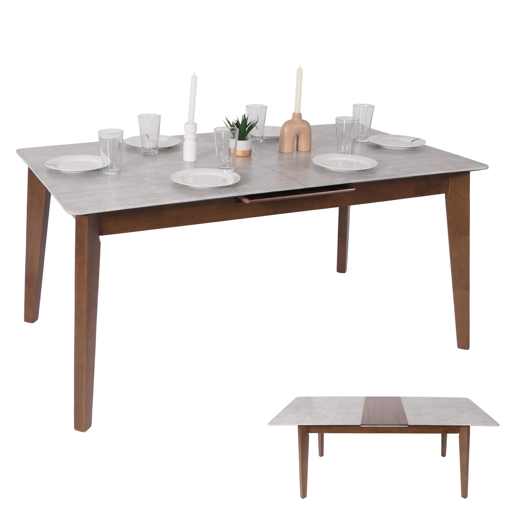 Esszimmertisch MCW-M57, Esstisch, Massiv-Holz Laminat Melamin 160-200x90cm, ausziehbar Beton-Optik, braune Beine | 04057651640662