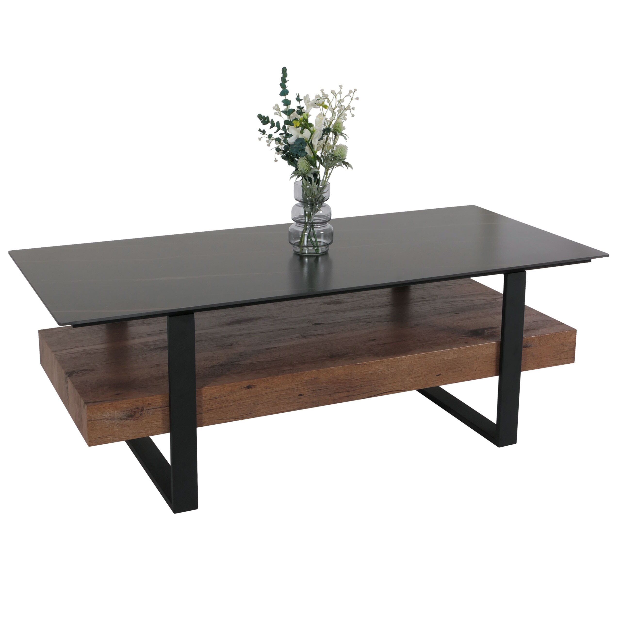 Couchtisch MCW-L88, Wohnzimmertisch Tisch, Ablage Eisen 43x120x60cm Sinterstein Marmor-Optik schwarz Holz dunkelbraun - Bild 1