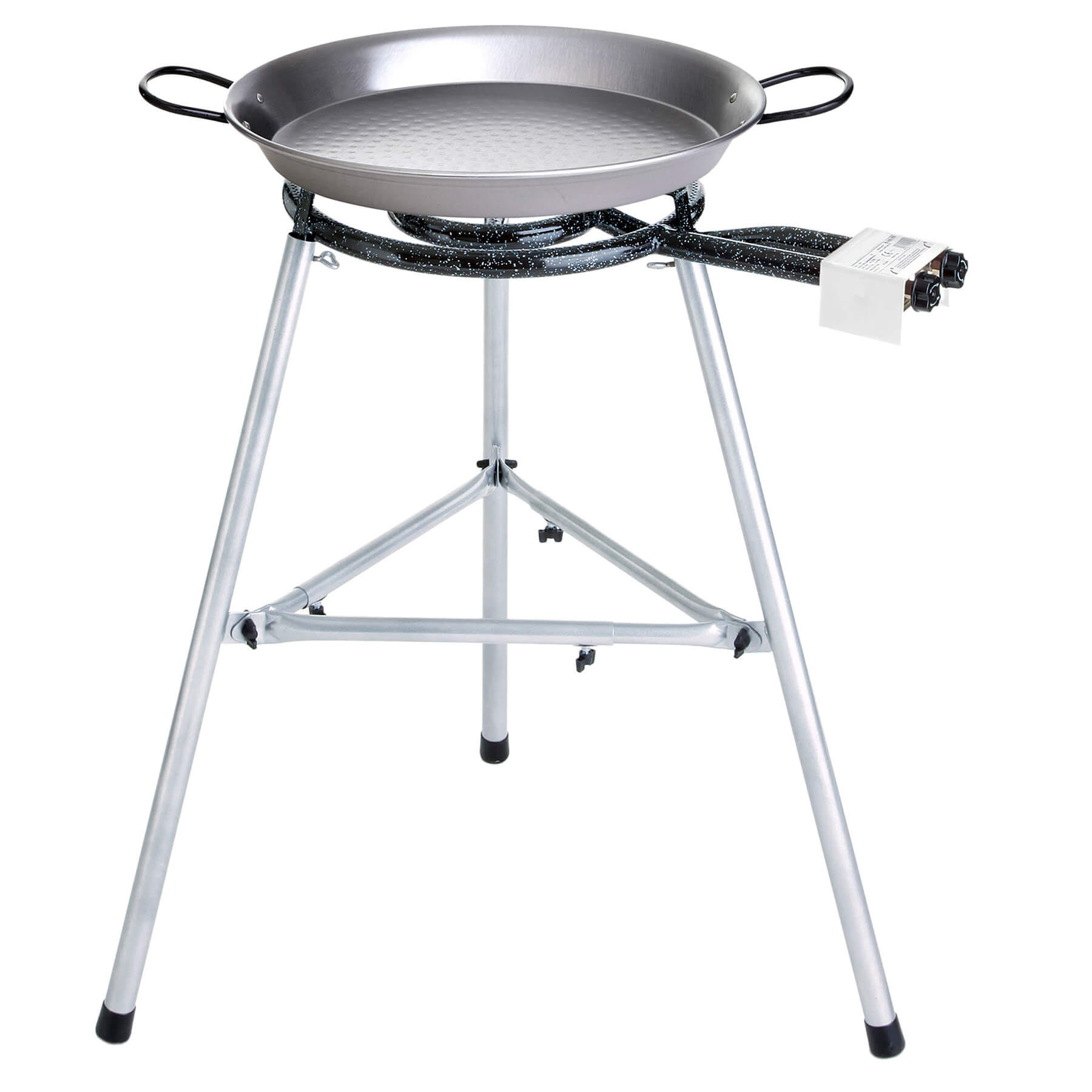 Hochwertiges Paella Grill-Set f&uuml;r Single-Griller: Pfanne &Oslash; 38 cm, 2-Ring-Brenner &Oslash; 30 cm, 7,5 kW, stabiler Dreibein-St&auml;nder, h&ouml;henverstellbar - Bild 1