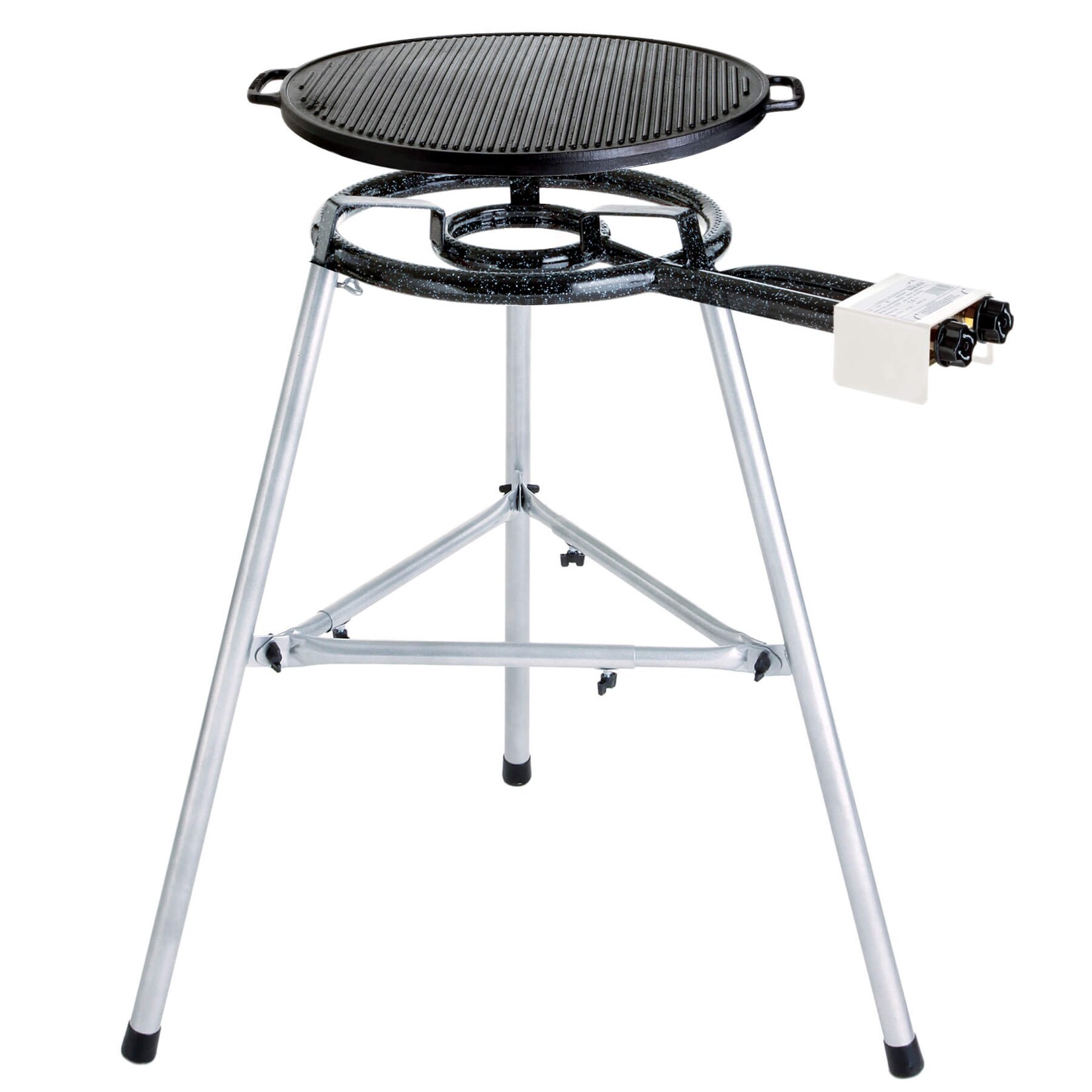 Hochwertiges Paella-Grill-Set mit Gusseisen-Grillplatte: 2-Ring Gasbrenner, stabiler Dreibein-Ständer, höhenverstellbar, Ø 45 cm | 04041571055026