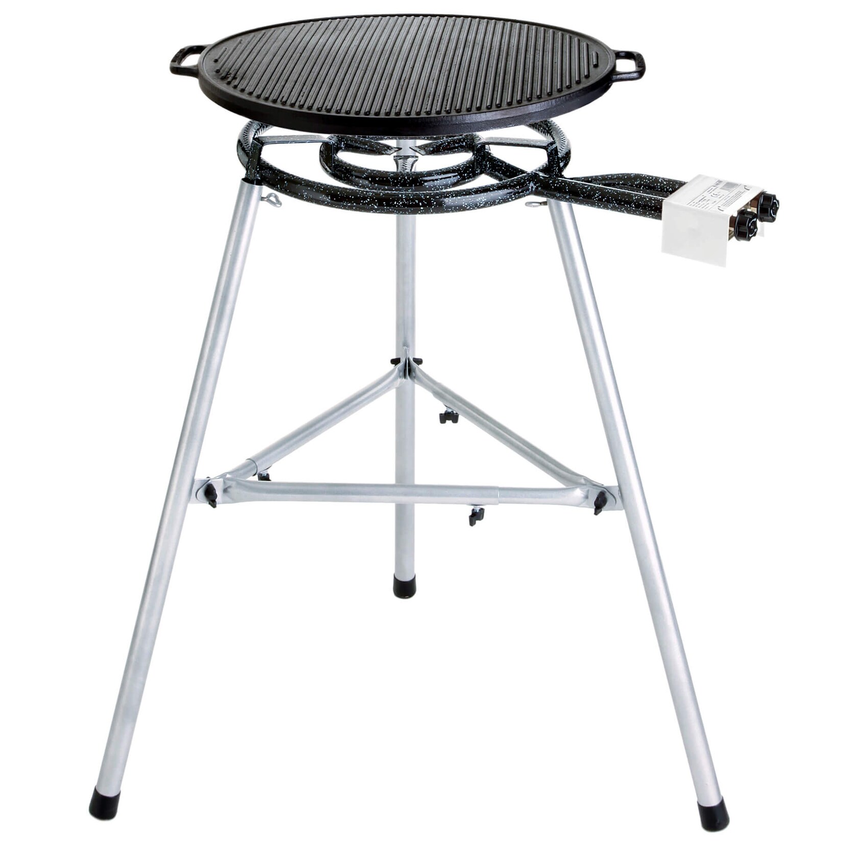 Hochwertiges Paella-Grill-Set mit Gusseisen-Grillplatte: 2-Ring Gasbrenner, stabiler Dreibein-Ständer, höhenverstellbar, Ø 55 cm | 04041571055033