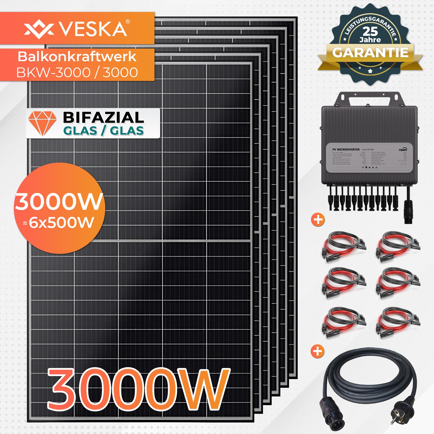 Veska Solaranlage 3000 W Photovoltaik Balkonkraftwerk Bifazial WiFi Smarte PV Anlage 3000 Watt | 04054748954466