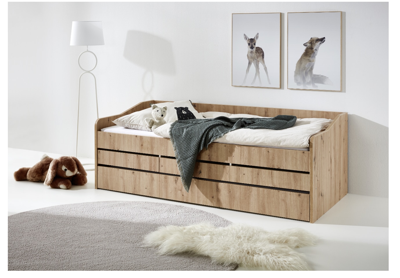 Relita - Funktionsbett Jill 90x200 ohne Lattenrost, 3 Schubladen u. Bettschublade Spanplatte Eiche Artisan Dekor - Bild 1