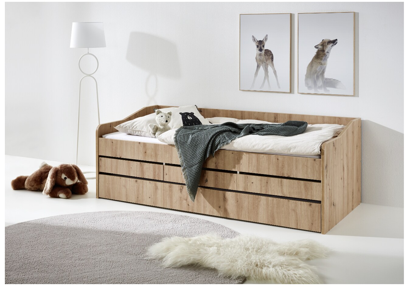 Relita - Funktionsbett Jill 90x200 inkl. Rolllattenrost, 3 Schubladen u. Bettschublade Spanplatte Eiche Artisan Dekor - Bild 1