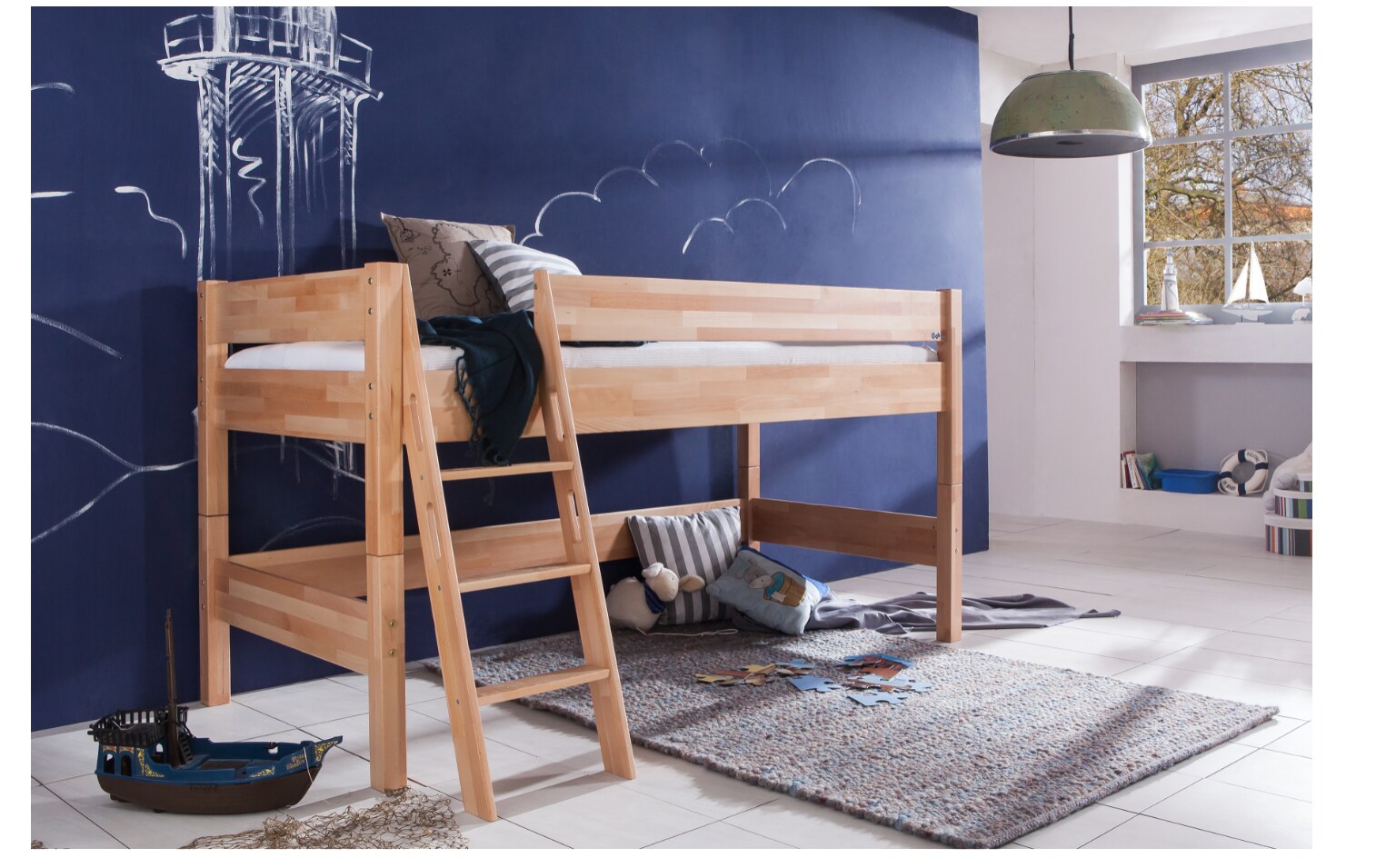 Relita – Halbhohes Spielbett KIM Buche massiv natur lackiert | 04250468519606