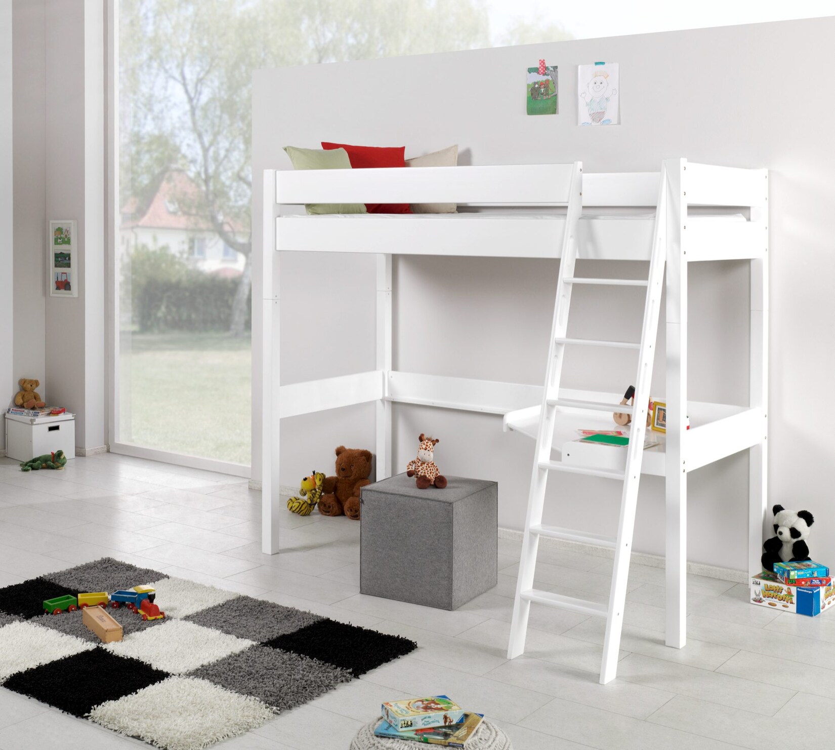 Relita – Hochbett RENATE Buche massiv weiß lackiert, mit Schreibtisch | 04250468504510