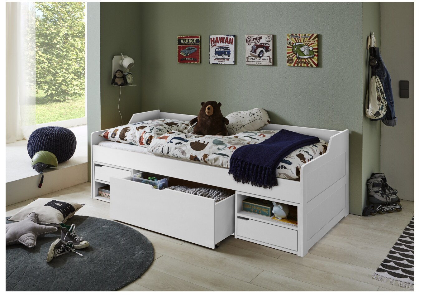 Relita Kojenbett LEVI 90×200 Buche massiv weiss lackiert, inkl. Rollrost, 2 kleine Schubladen, 2 offene Fächer, 1 große Schublade | 04250468569489