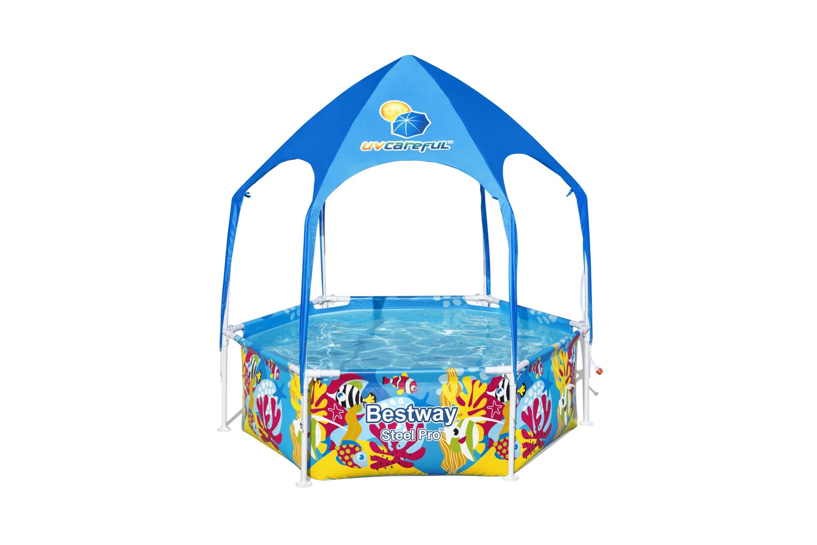Bestway® Steel Pro™ Frame Pool mit Sonnenschutzdach "Splash-in-Shade" ohne Pumpe Ø 183 x 51 cm, buntes Unterwasser-Desig